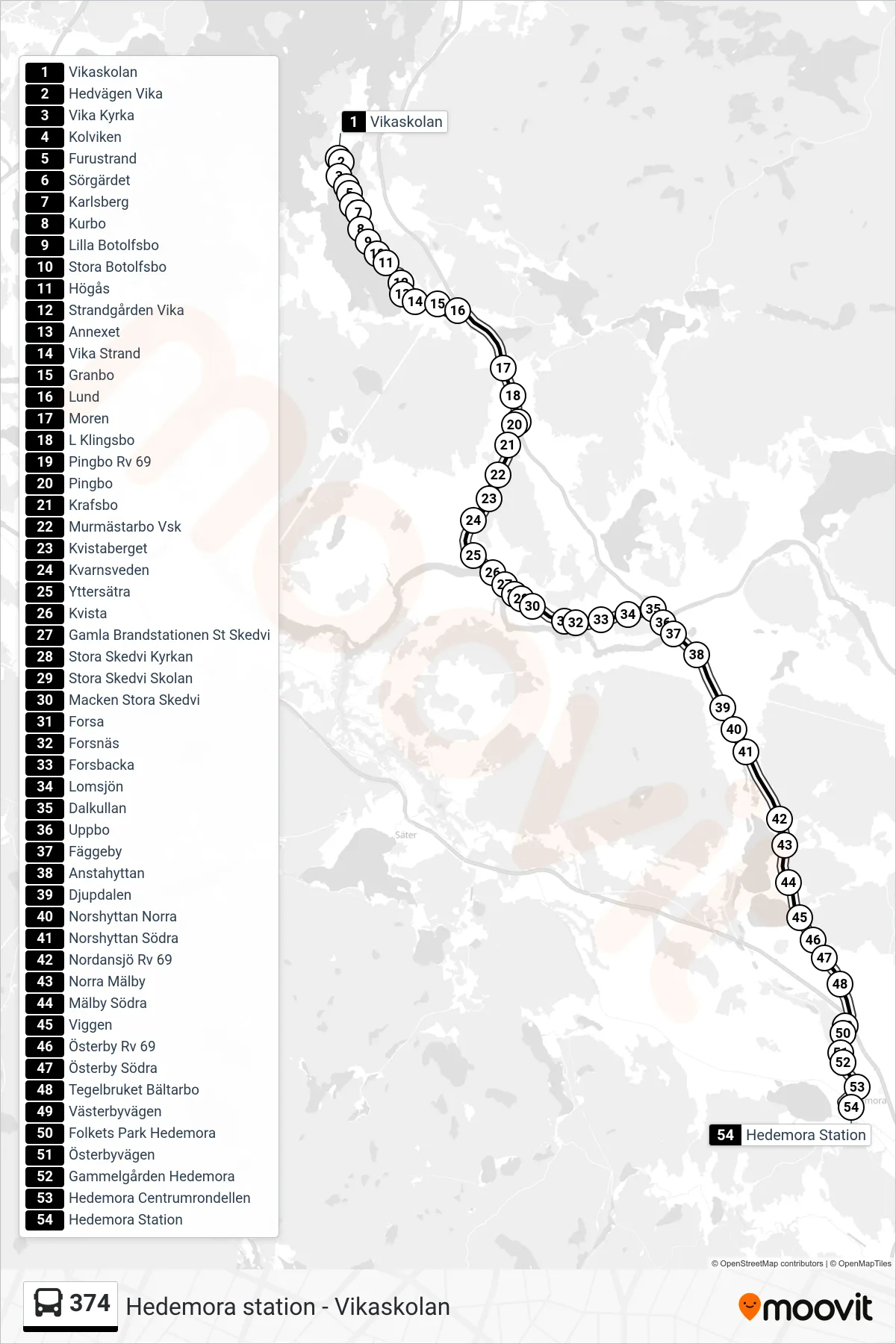 Rutt och hållplatser på karta för linje 374 spårvagn, (Hedemora Station)