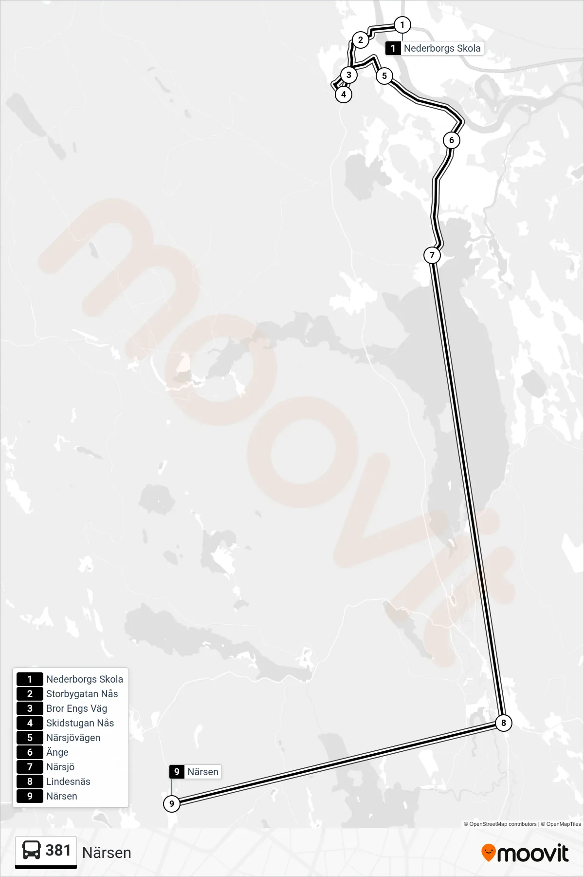 Rutt och hållplatser på karta för linje 381  spårvagn, (Närsen)
