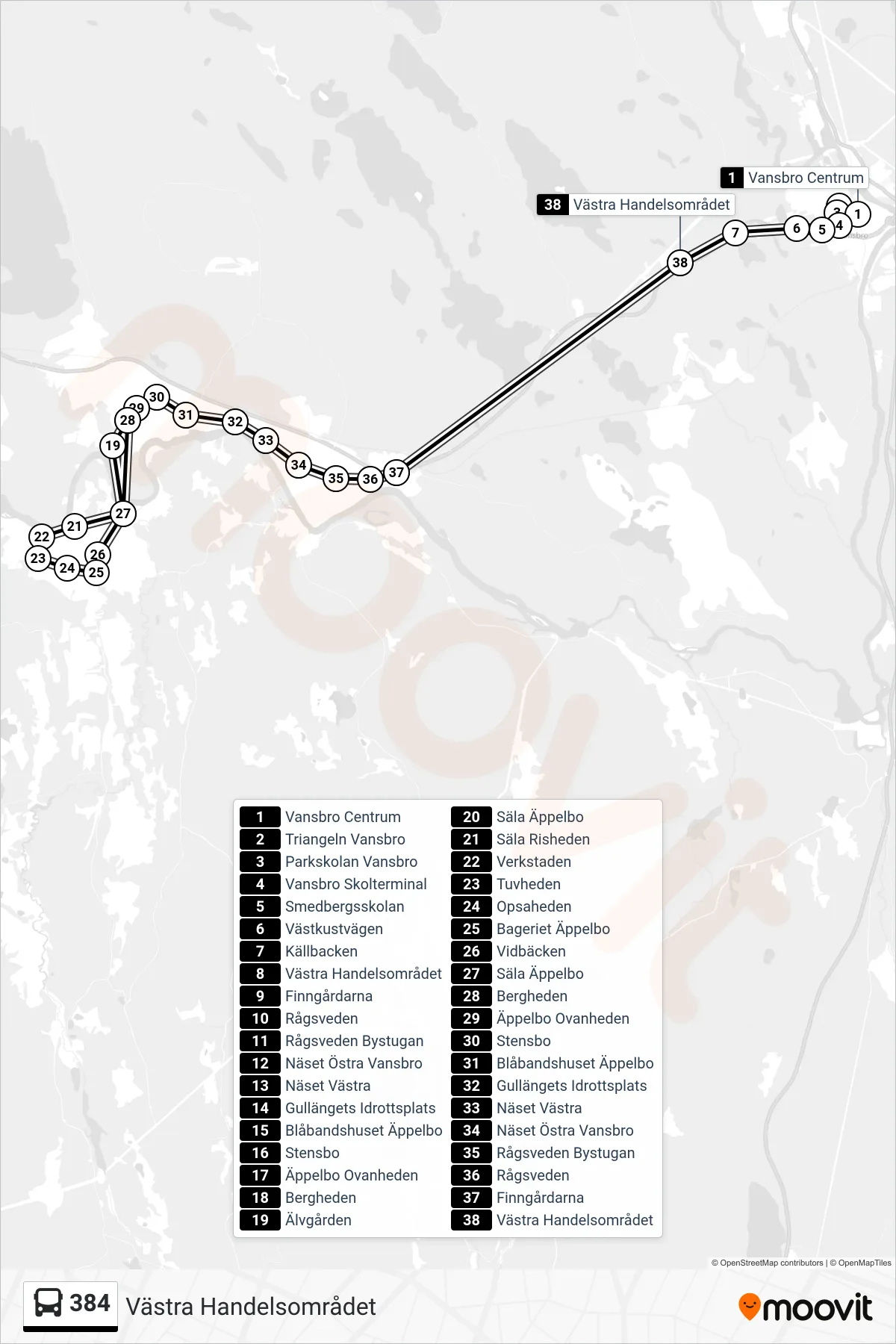 Rutt och hållplatser på karta för linje 384 spårvagn, (Västra Handelsområdet)