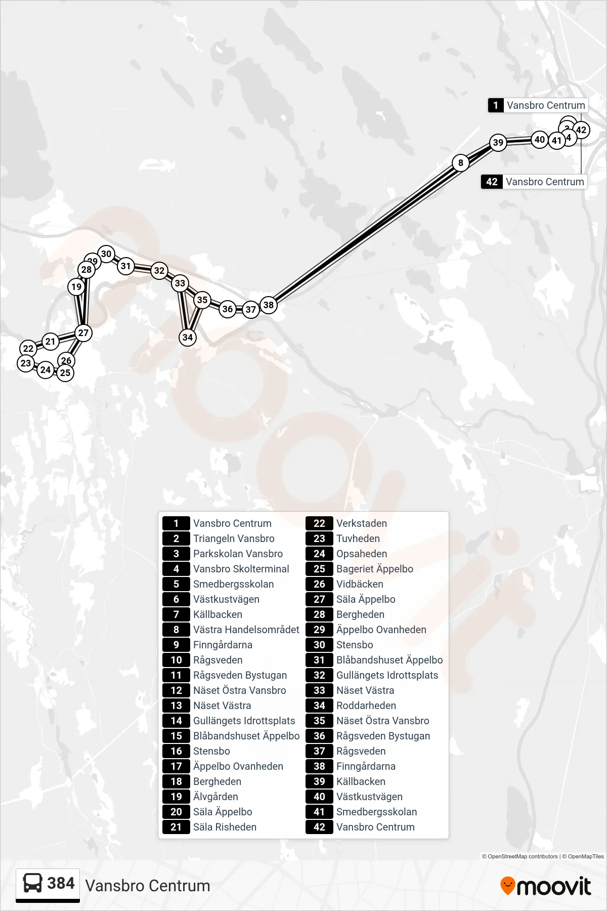 Rutt och hållplatser på karta för linje 384  spårvagn, (Vansbro Centrum)