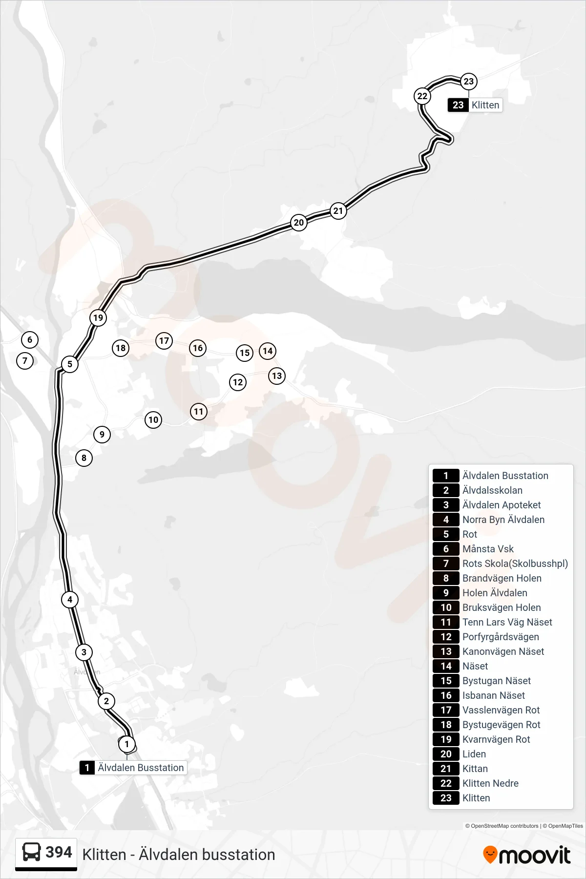 Rutt och hållplatser på karta för linje 394  spårvagn, (Klitten)