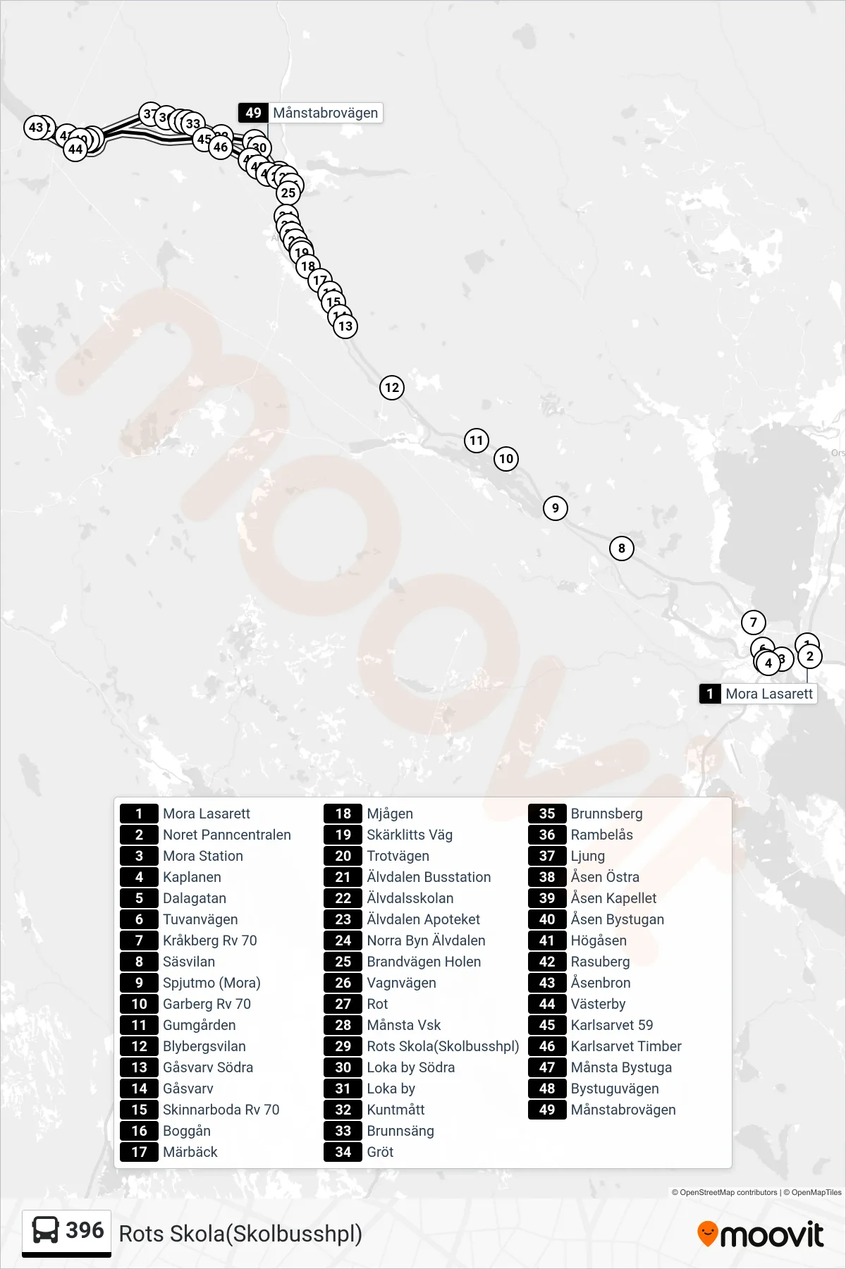 Rutt och hållplatser på karta för linje 396 spårvagn, (Rots Skola(Skolbusshpl))