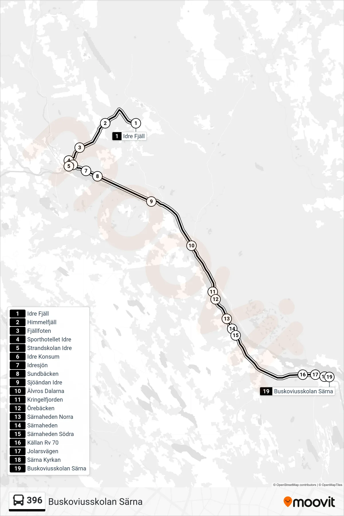 Rutt och hållplatser på karta för linje 396 spårvagn, (Buskoviusskolan Särna)