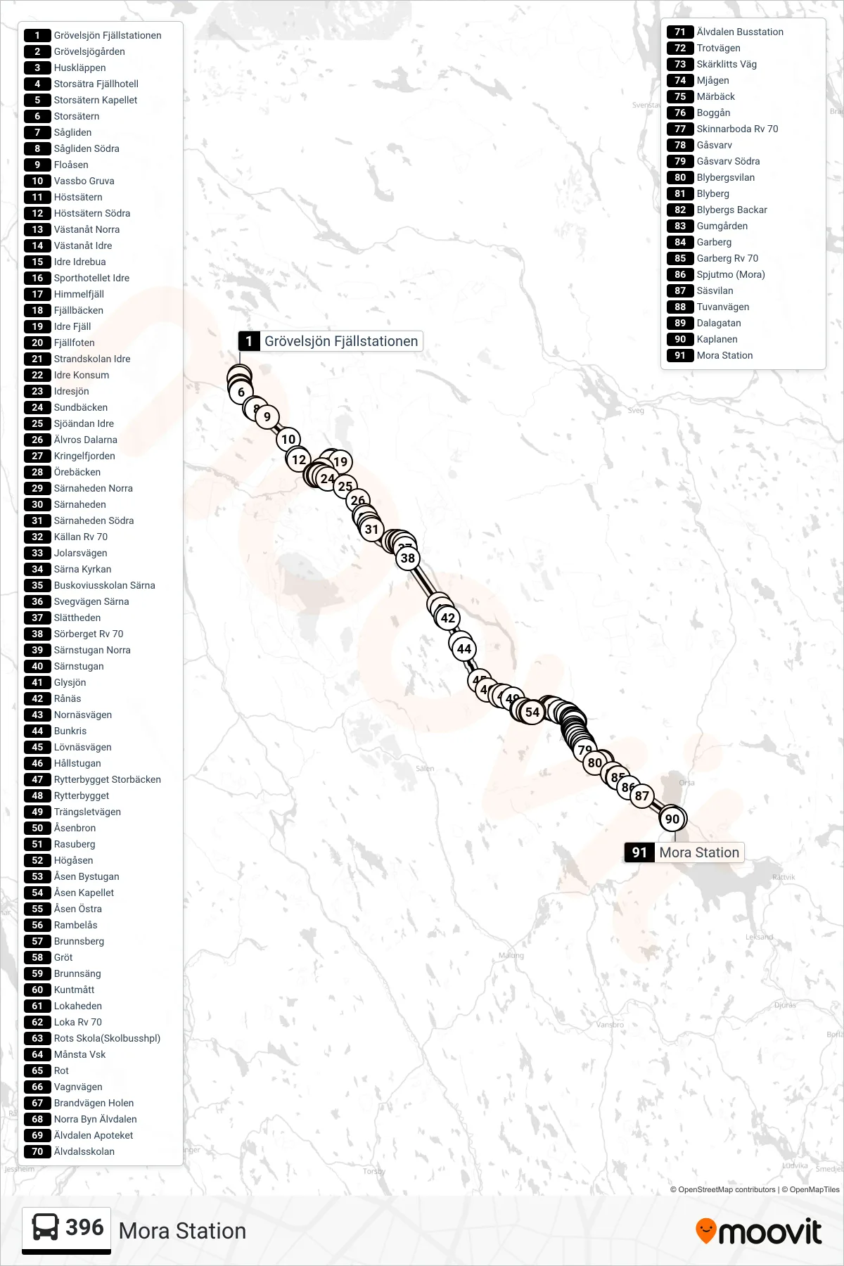 Rutt och hållplatser på karta för linje 396  spårvagn, (Mora Station)