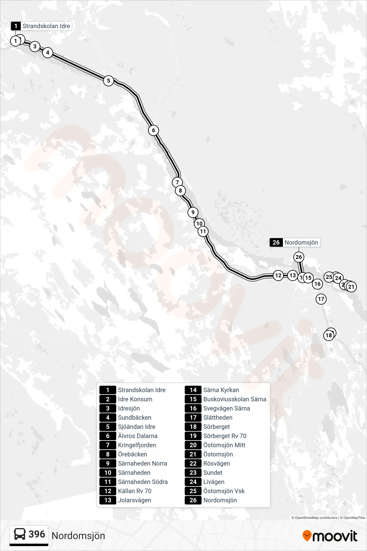 Rutt och hållplatser på karta för linje 396 spårvagn, (Nordomsjön)