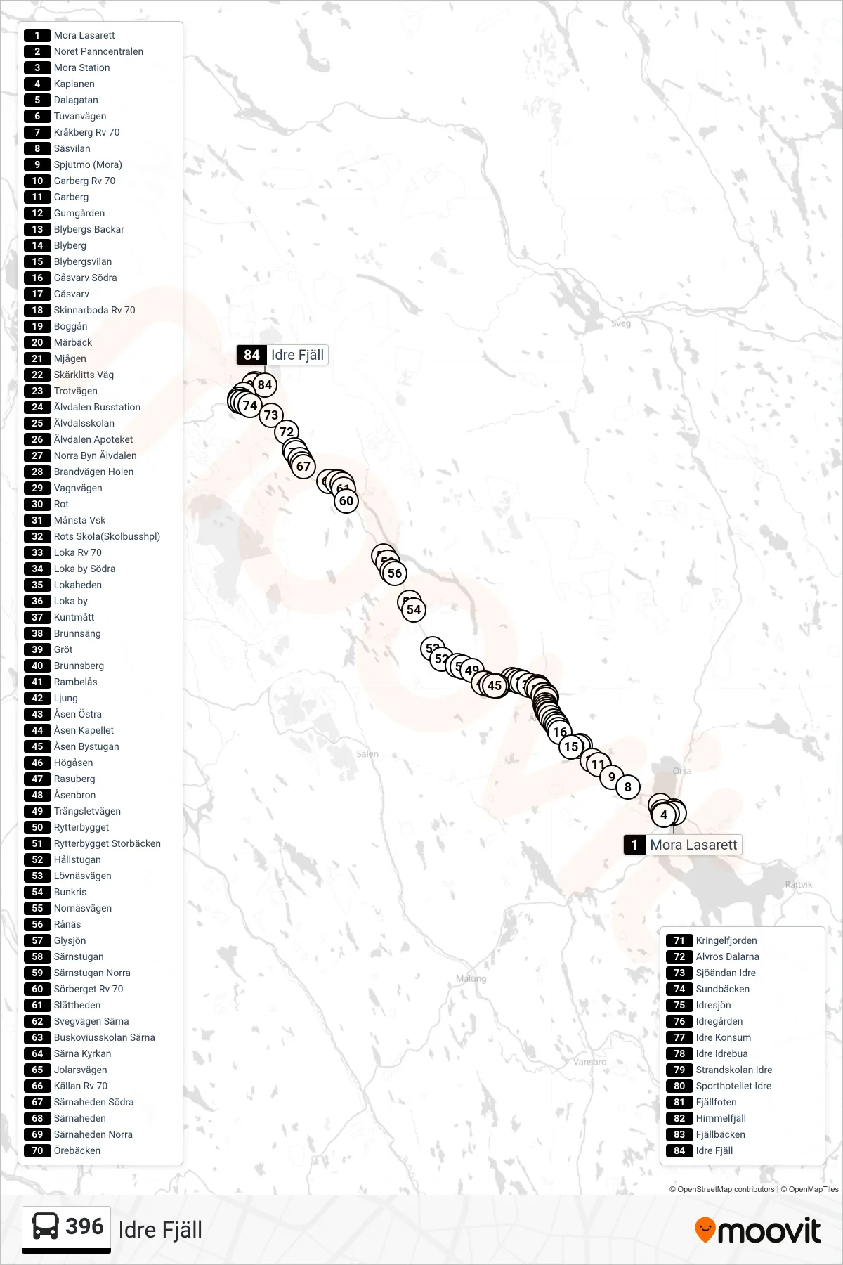 Rutt och hållplatser på karta för linje 396 spårvagn, (Idre Fjäll)