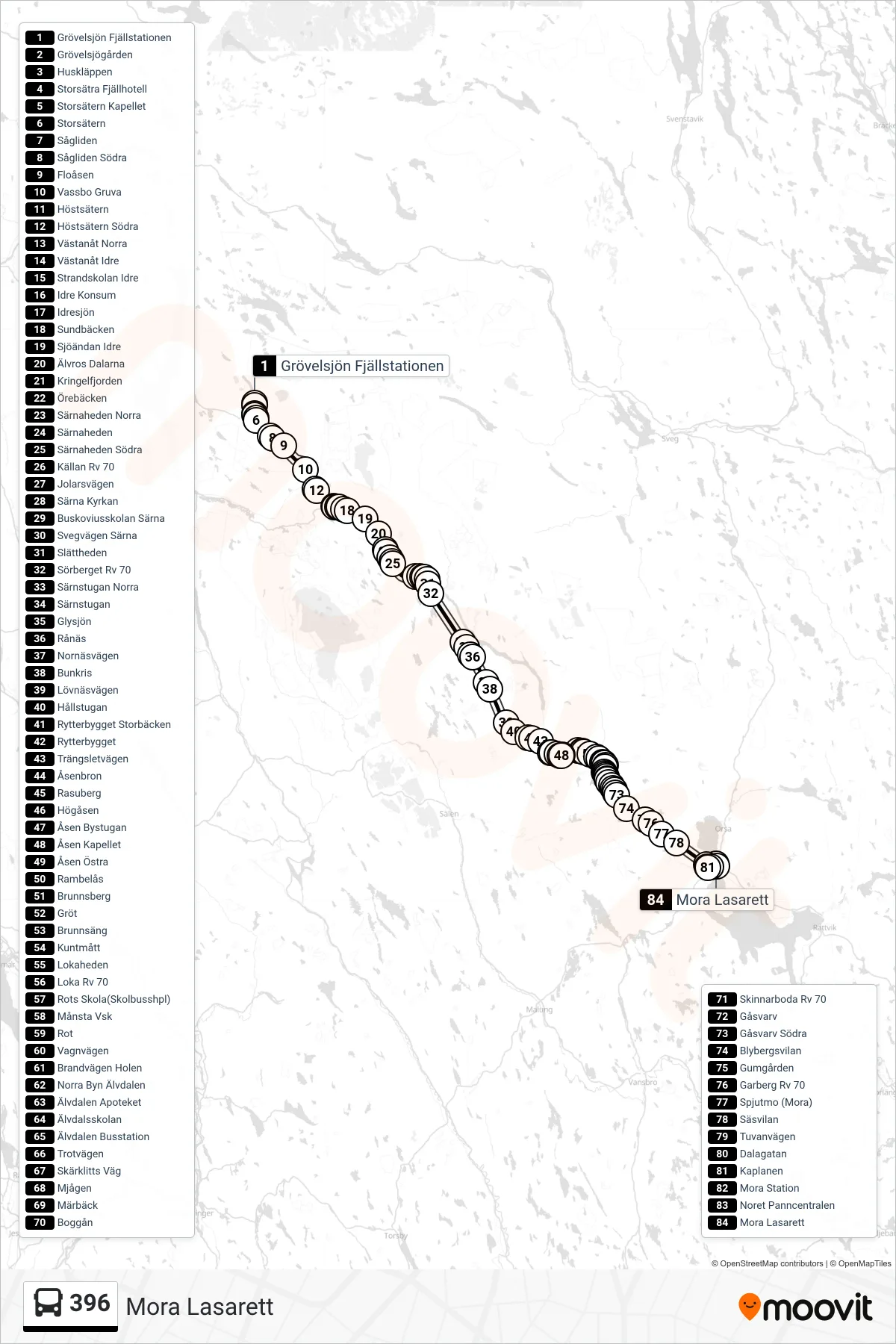 Rutt och hållplatser på karta för linje 396  spårvagn, (Mora Lasarett)