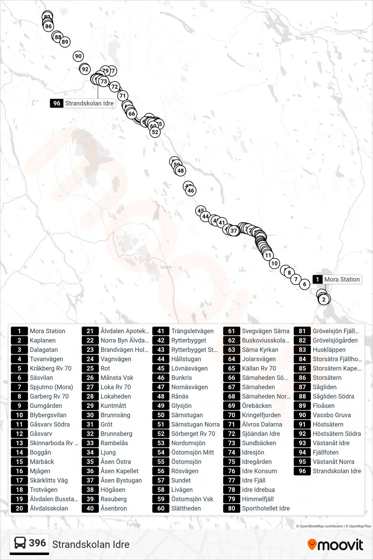Rutt och hållplatser på karta för linje 396  spårvagn, (Strandskolan Idre)