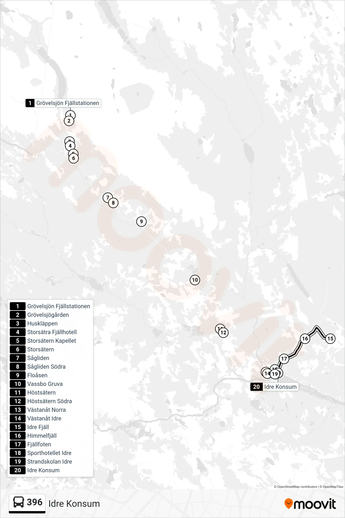 Rutt och hållplatser på karta för linje 396 spårvagn, (Idre Konsum)