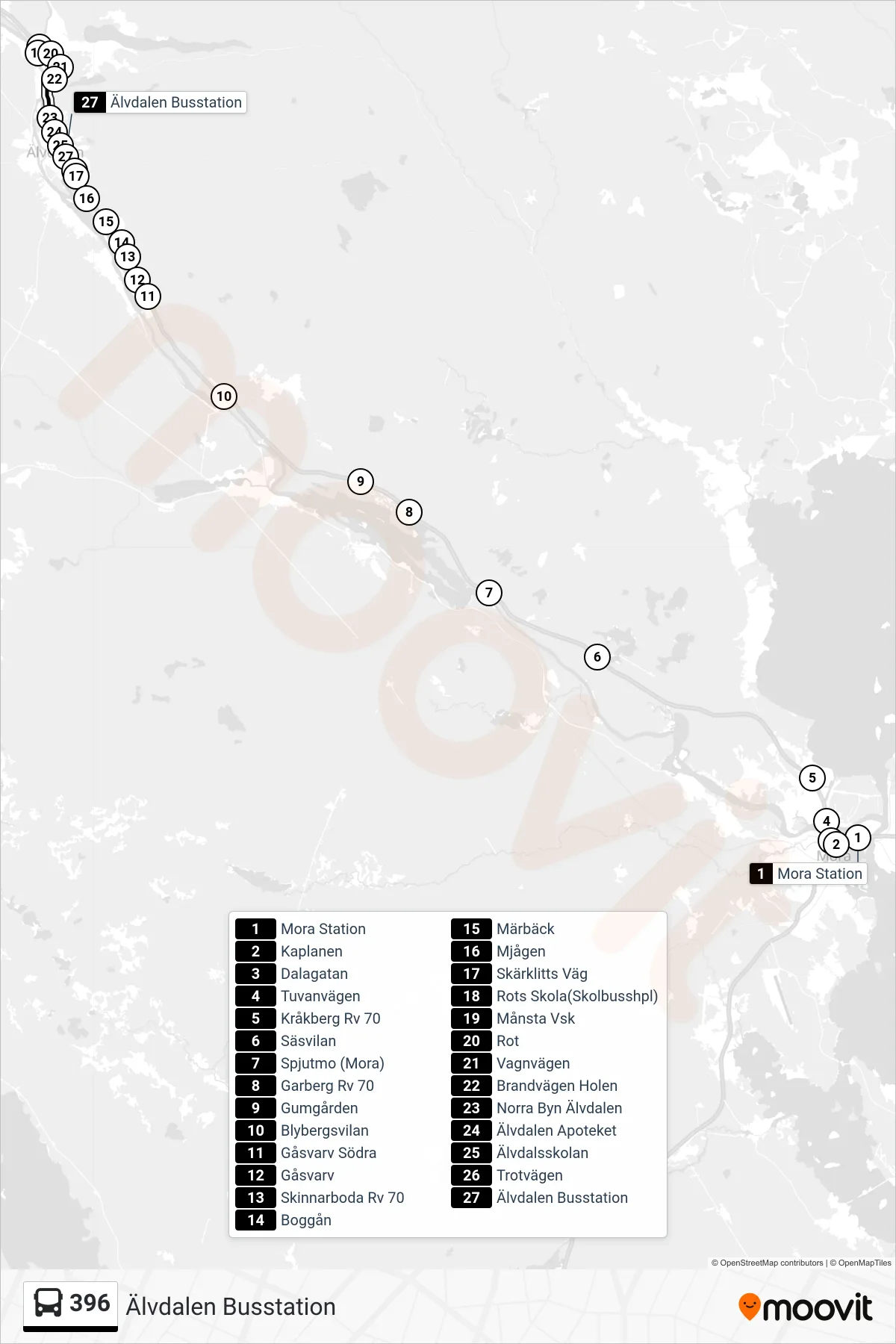 Rutt och hållplatser på karta för linje 396 spårvagn, (Älvdalen Busstation)
