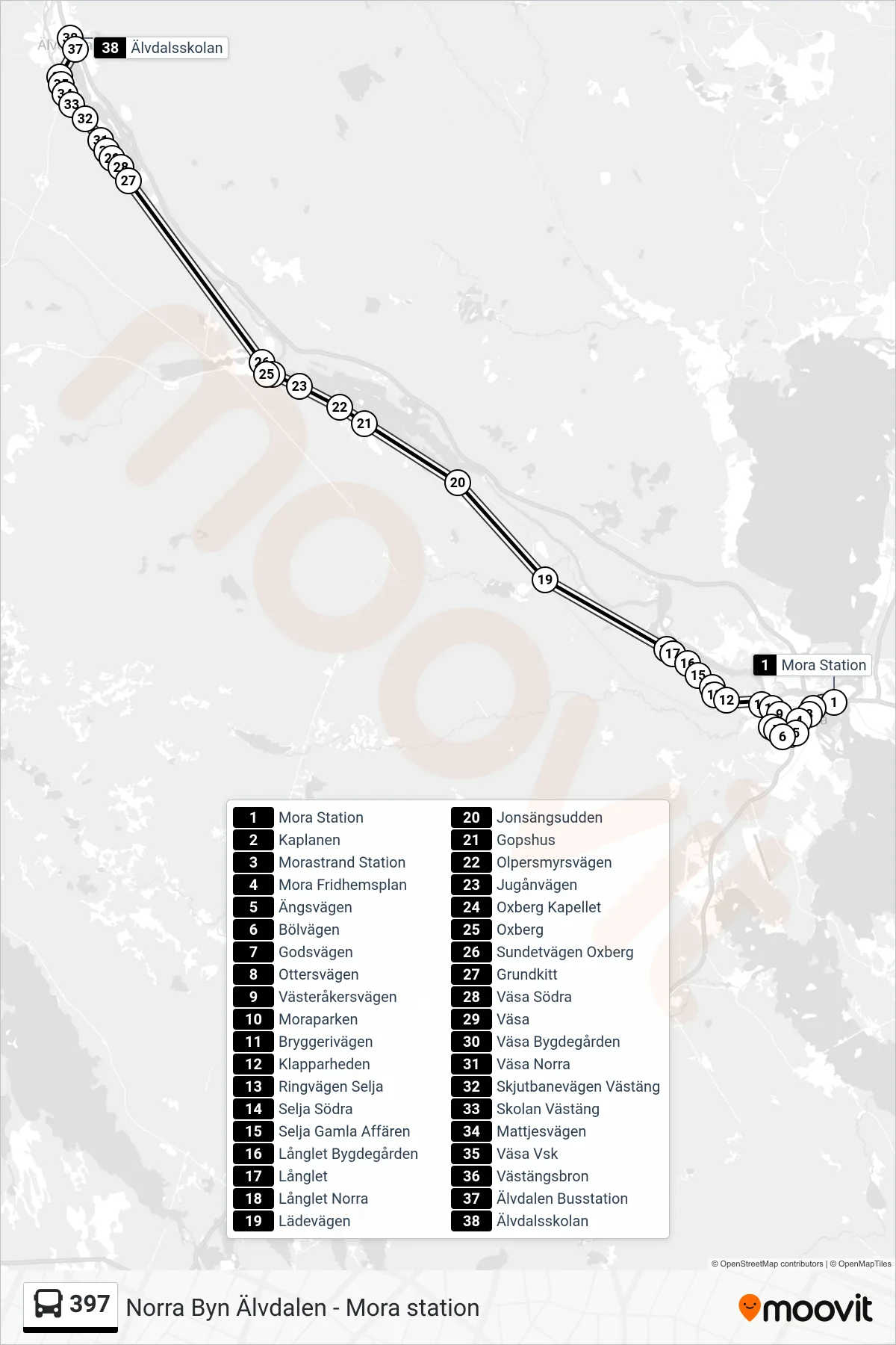Rutt och hållplatser på karta för linje 397  spårvagn, (Älvdalsskolan)