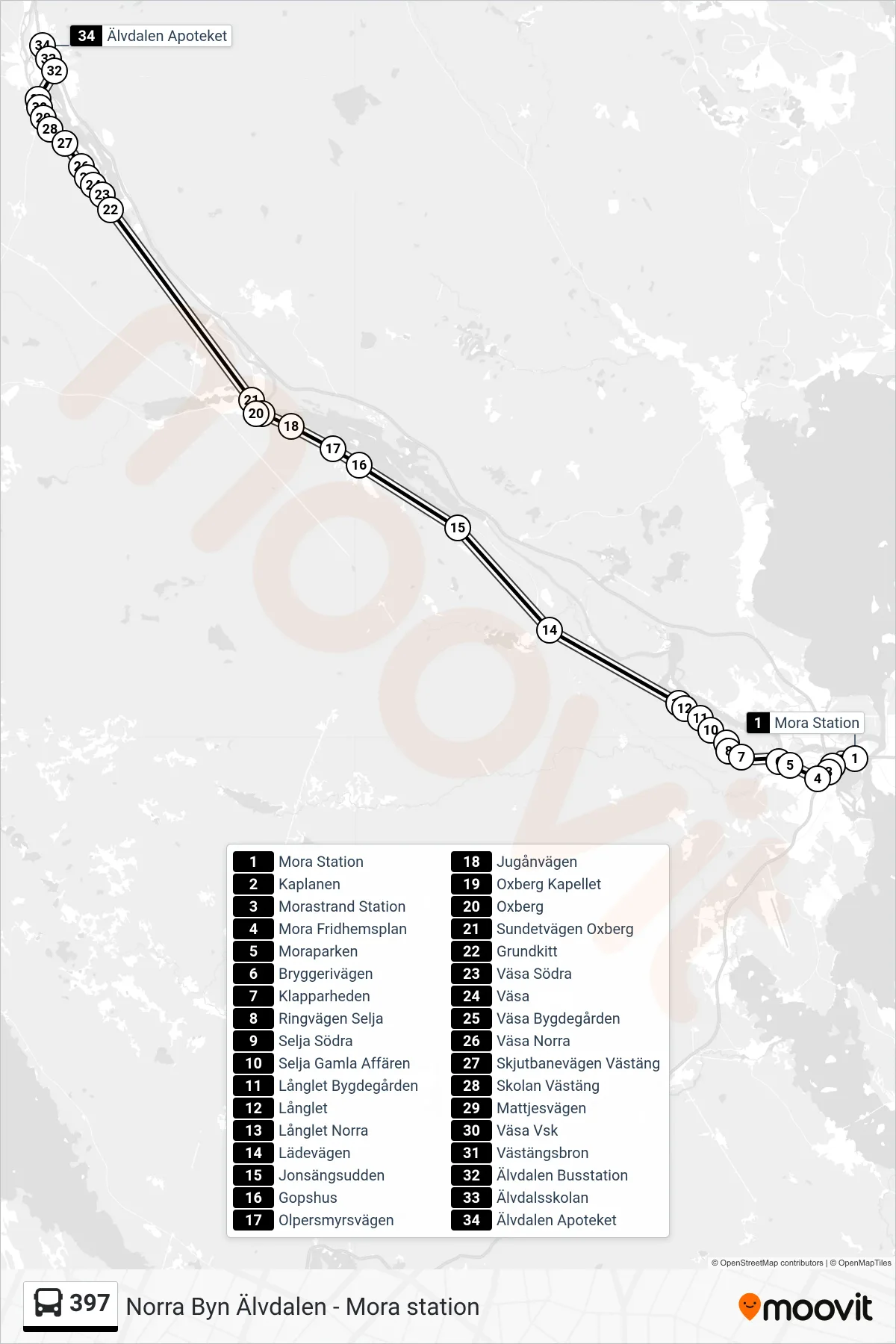 Rutt och hållplatser på karta för linje 397  spårvagn, (Älvdalen Apoteket)