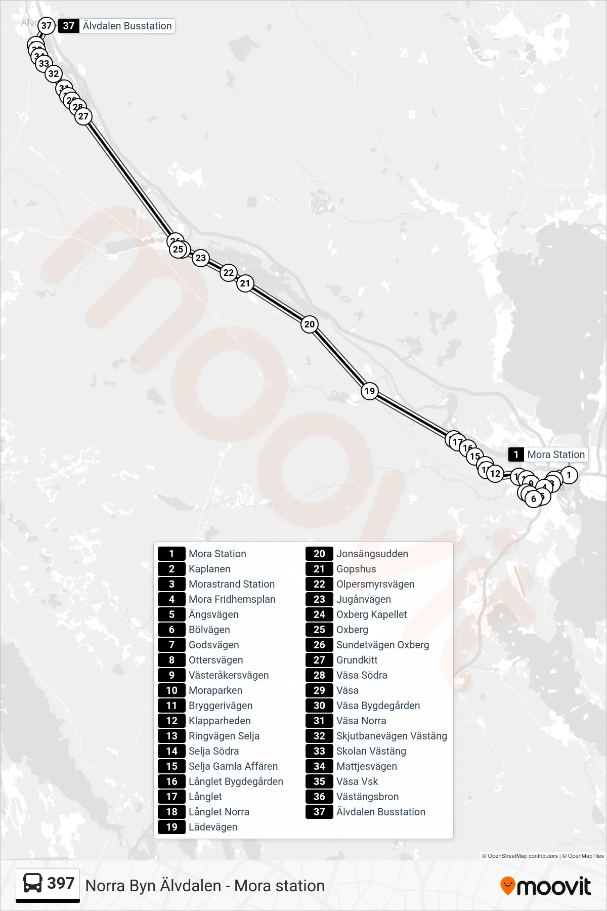 Rutt och hållplatser på karta för linje 397 spårvagn, (Älvdalen Busstation)