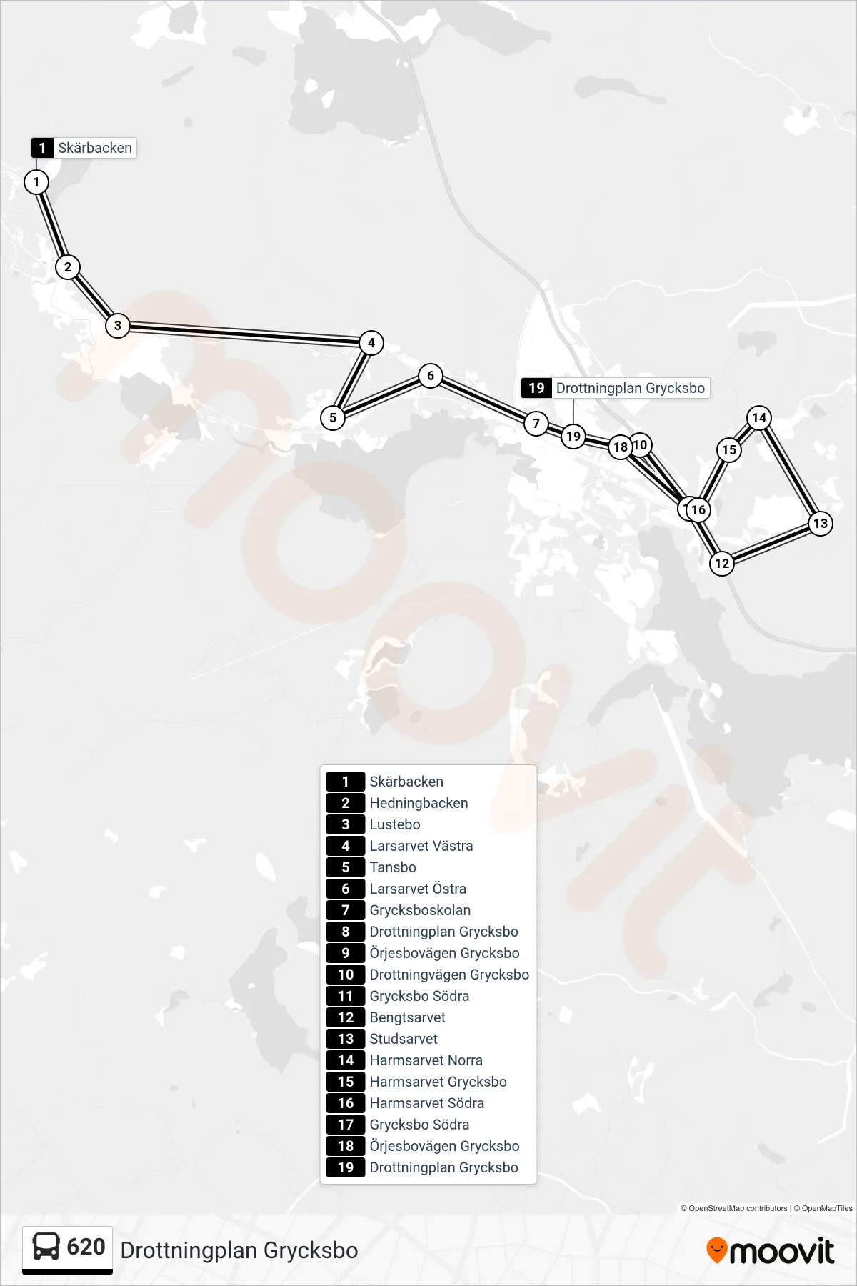 Rutt och hållplatser på karta för linje 620 spårvagn, (Drottningplan Grycksbo)