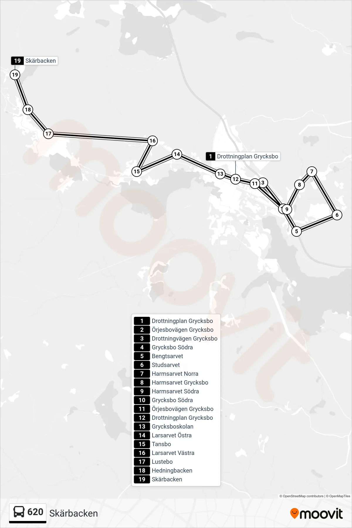Rutt och hållplatser på karta för linje 620 spårvagn, (Skärbacken)