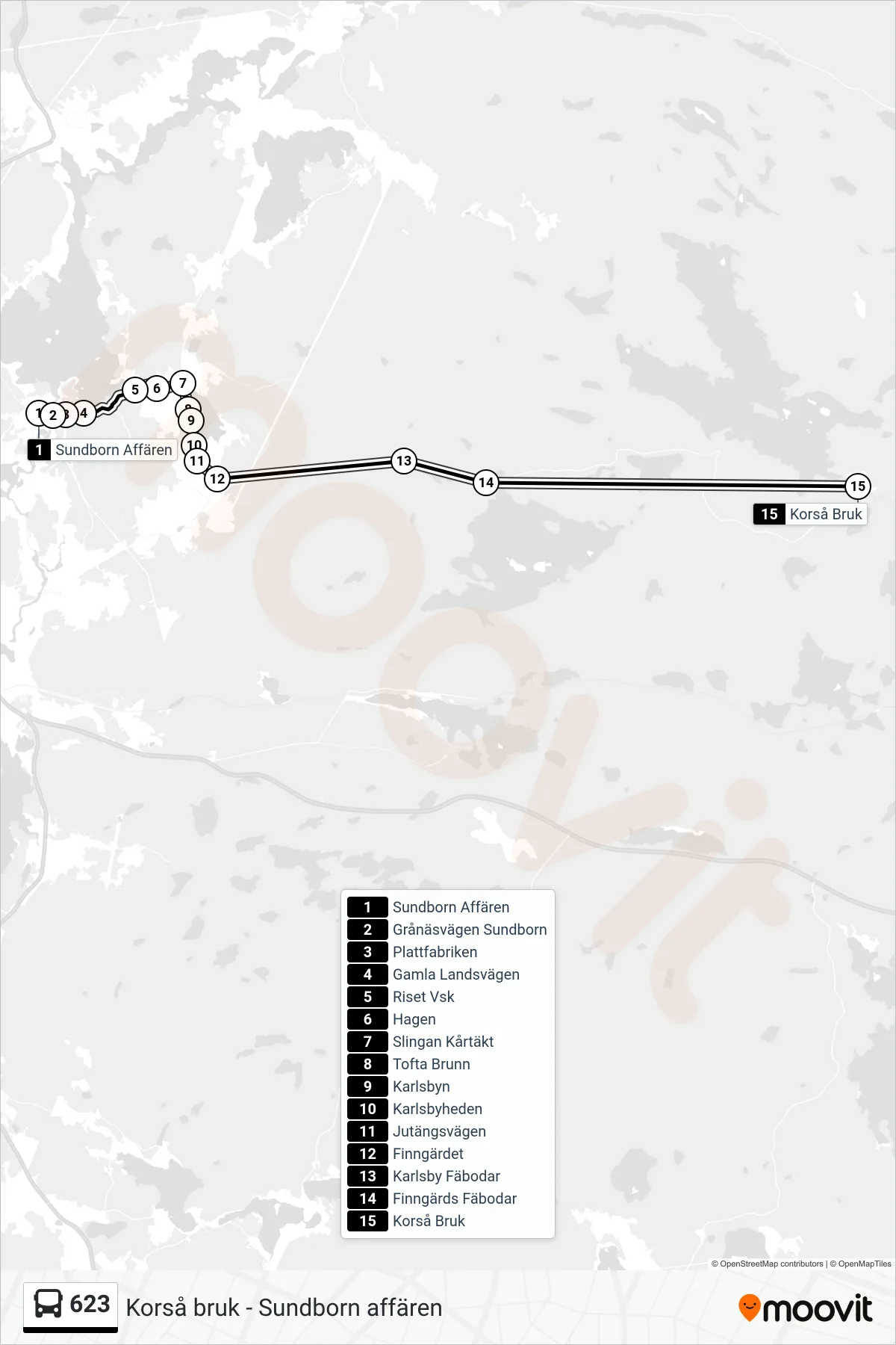 Rutt och hållplatser på karta för linje 623  spårvagn, (Korså Bruk)