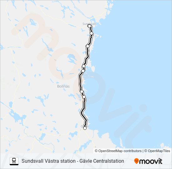 SUNDSVALL VÄSTRA STATION - GÄVLE CENTRALSTATION tåg Linje karta