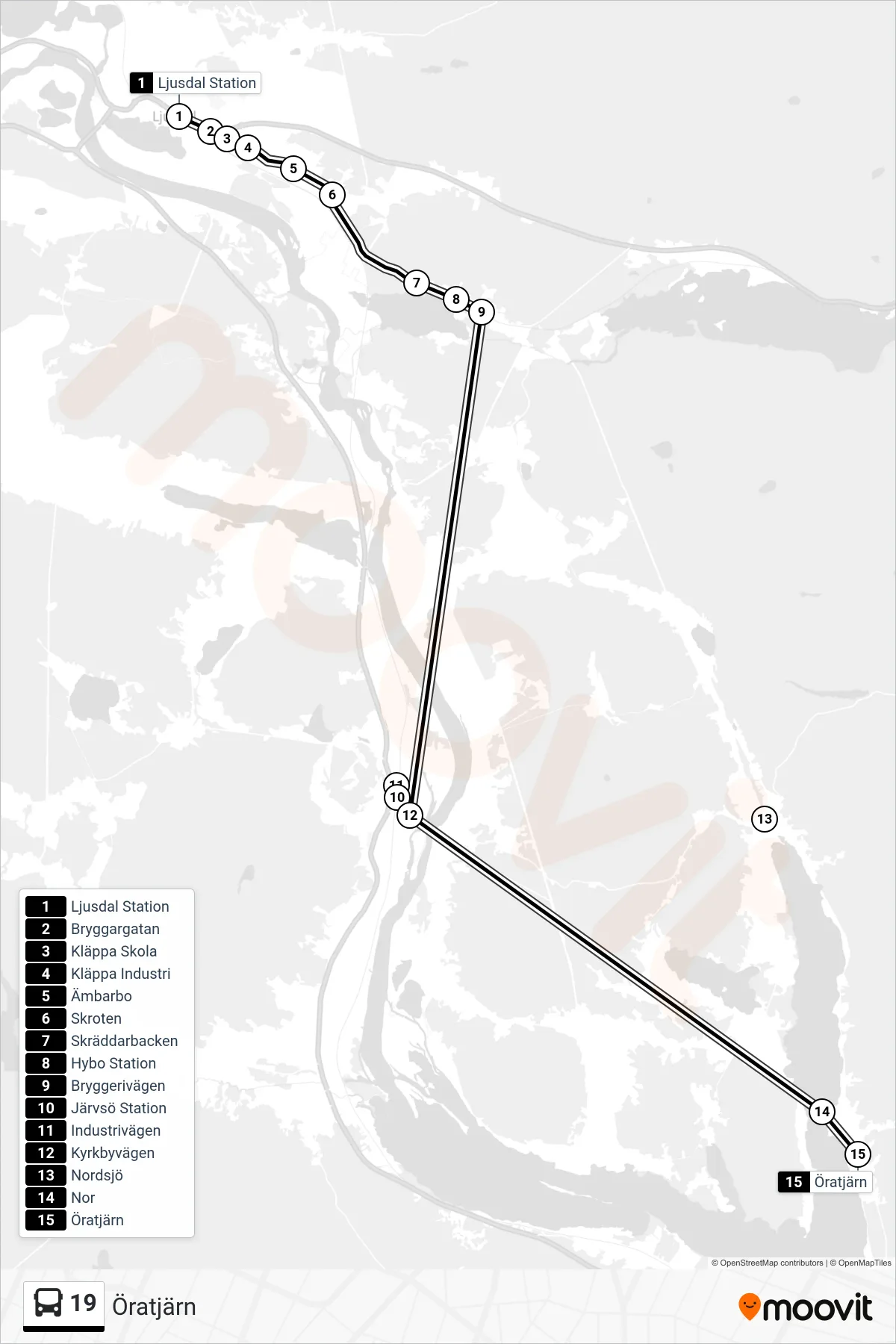 Rutt och hållplatser på karta för linje 19 buss, (Öratjärn)