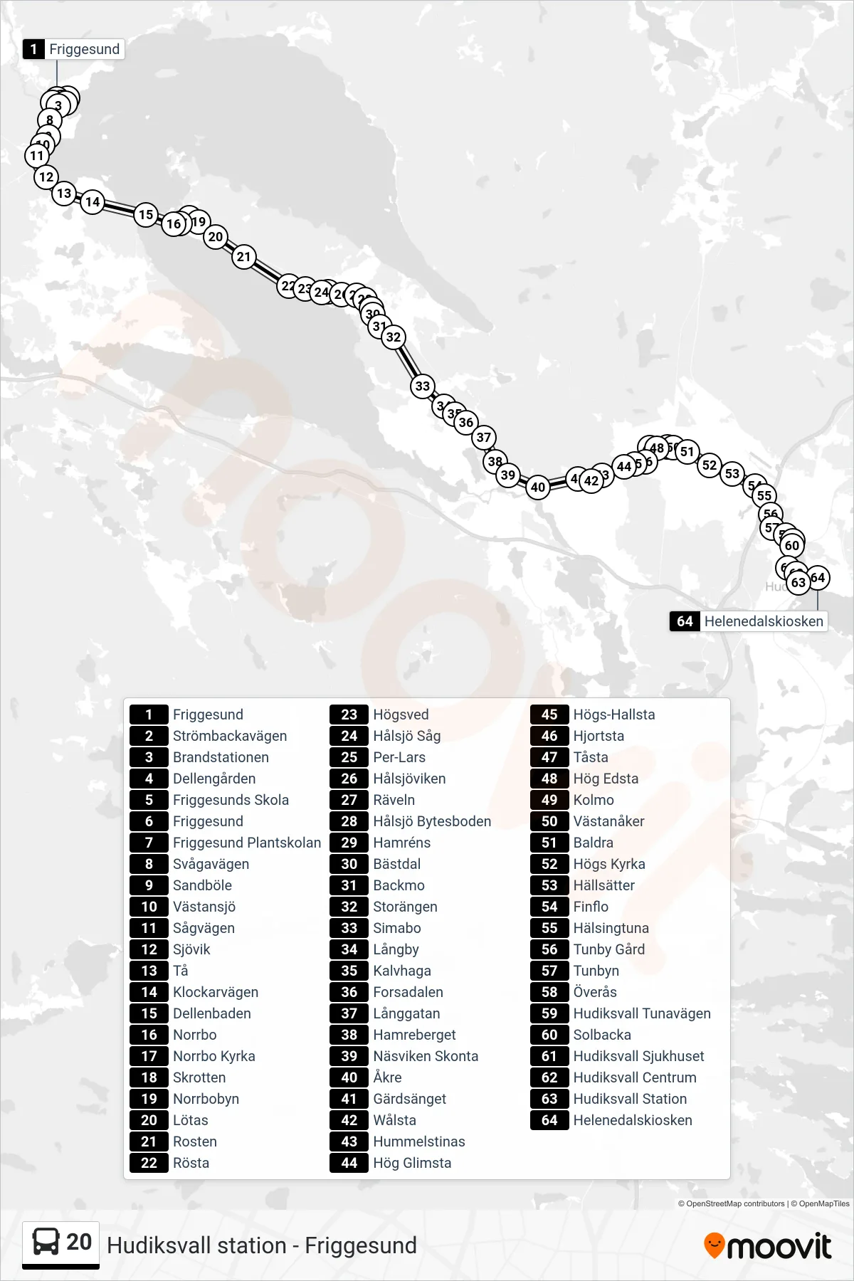 Rutt och hållplatser på karta för linje 20  buss, (Helenedalskiosken)