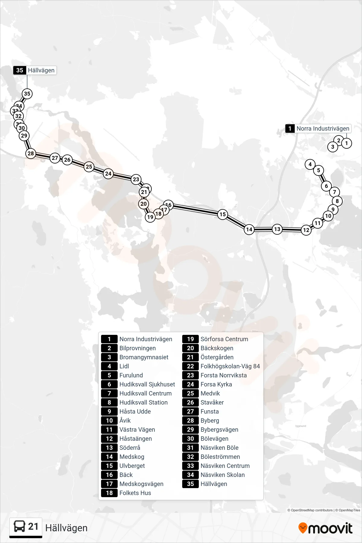 Rutt och hållplatser på karta för linje 21  buss, (Hällvägen)