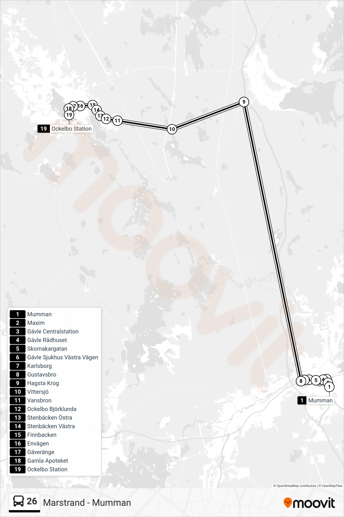 Rutt och hållplatser på karta för linje 26  buss, (Ockelbo Station)