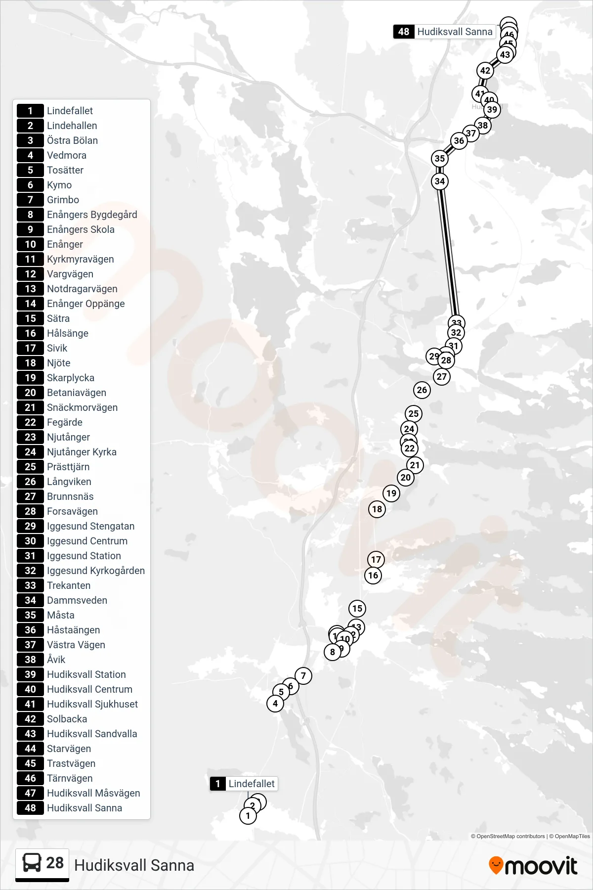 Rutt och hållplatser på karta för linje 28  buss, (Hudiksvall Sanna)