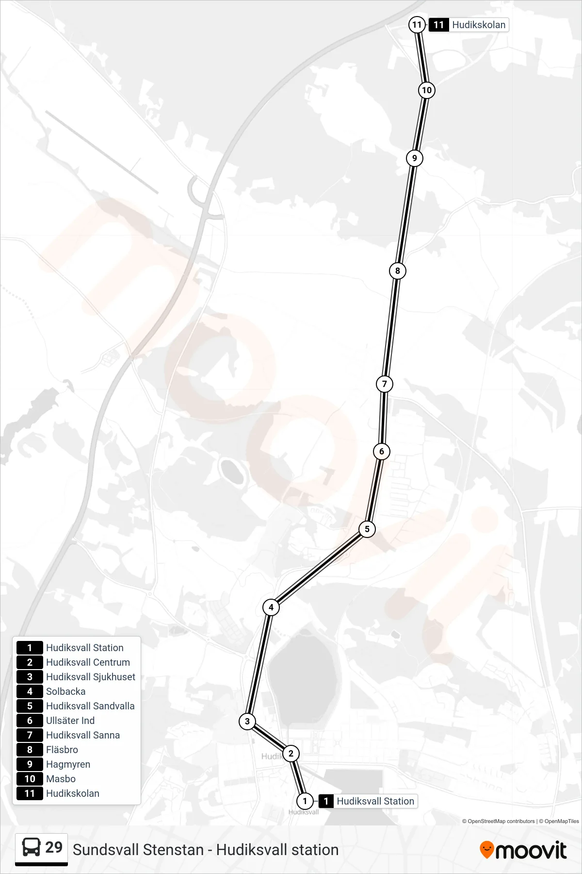 Rutt och hållplatser på karta för linje 29  buss, (Hudikskolan)