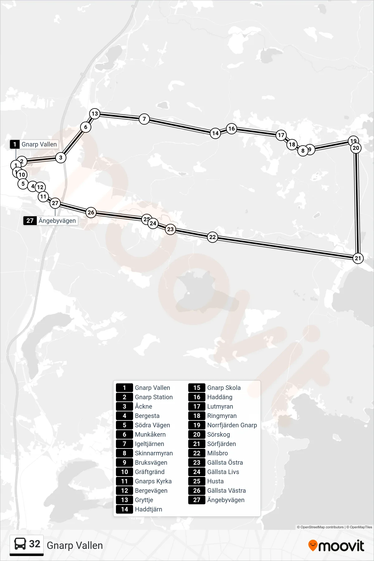 Rutt och hållplatser på karta för linje 32 buss, (Gnarp Vallen)