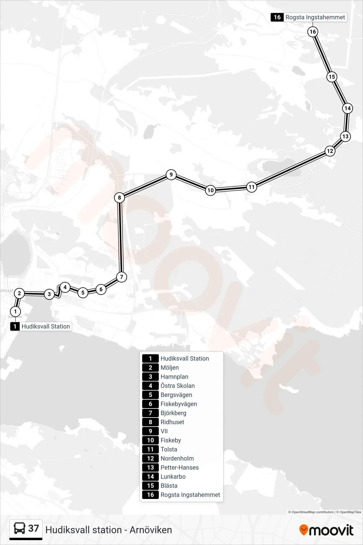 Rutt och hållplatser på karta för linje 37  buss, (Rogsta Ingstahemmet)