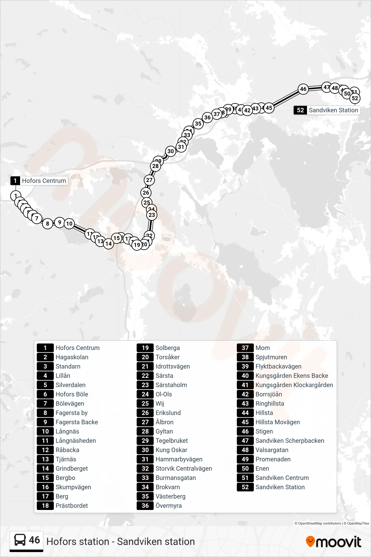 Rutt och hållplatser på karta för linje 46 buss, (Sandviken Station)