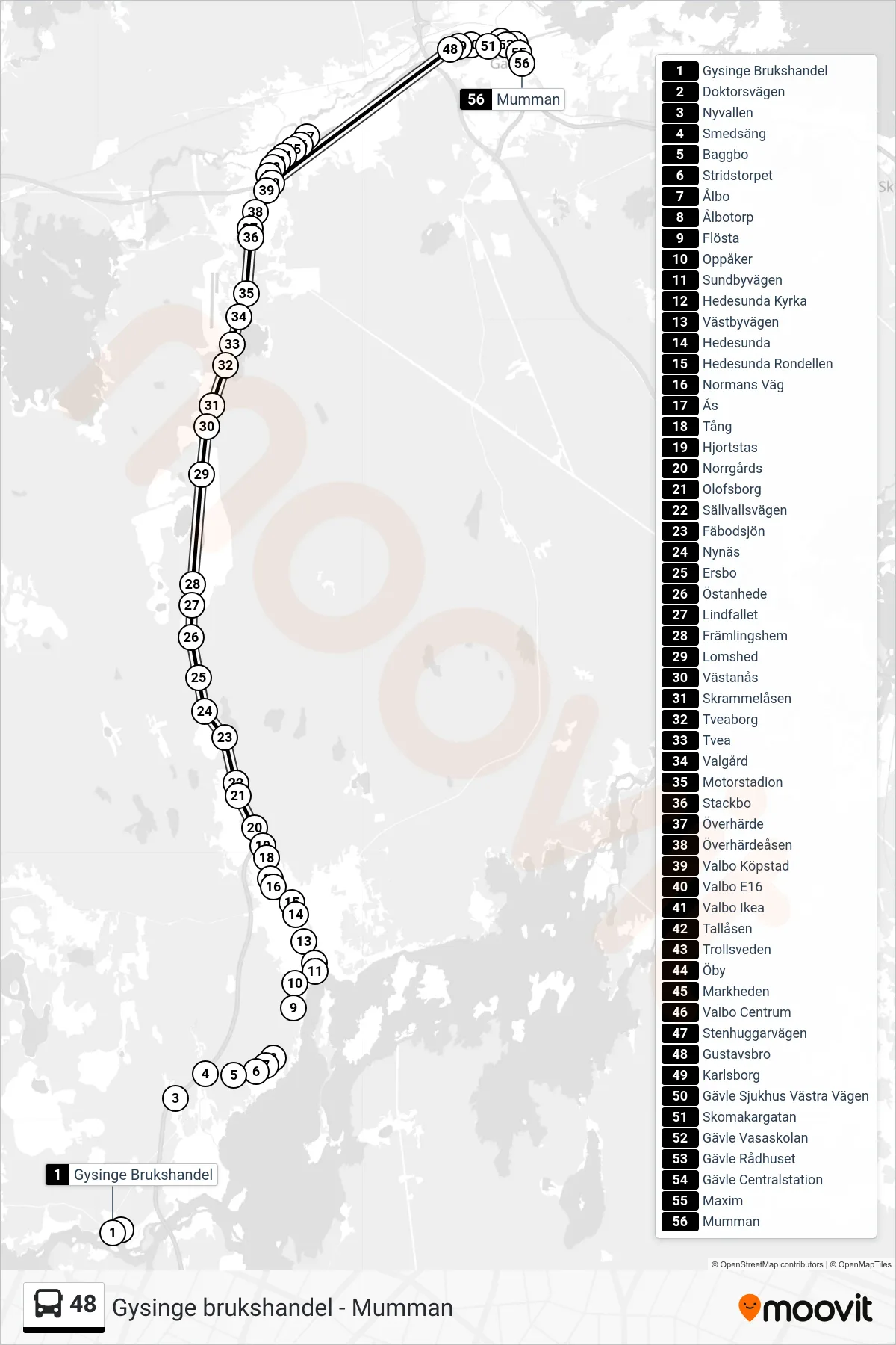 Rutt och hållplatser på karta för linje 48  buss, (Mumman)