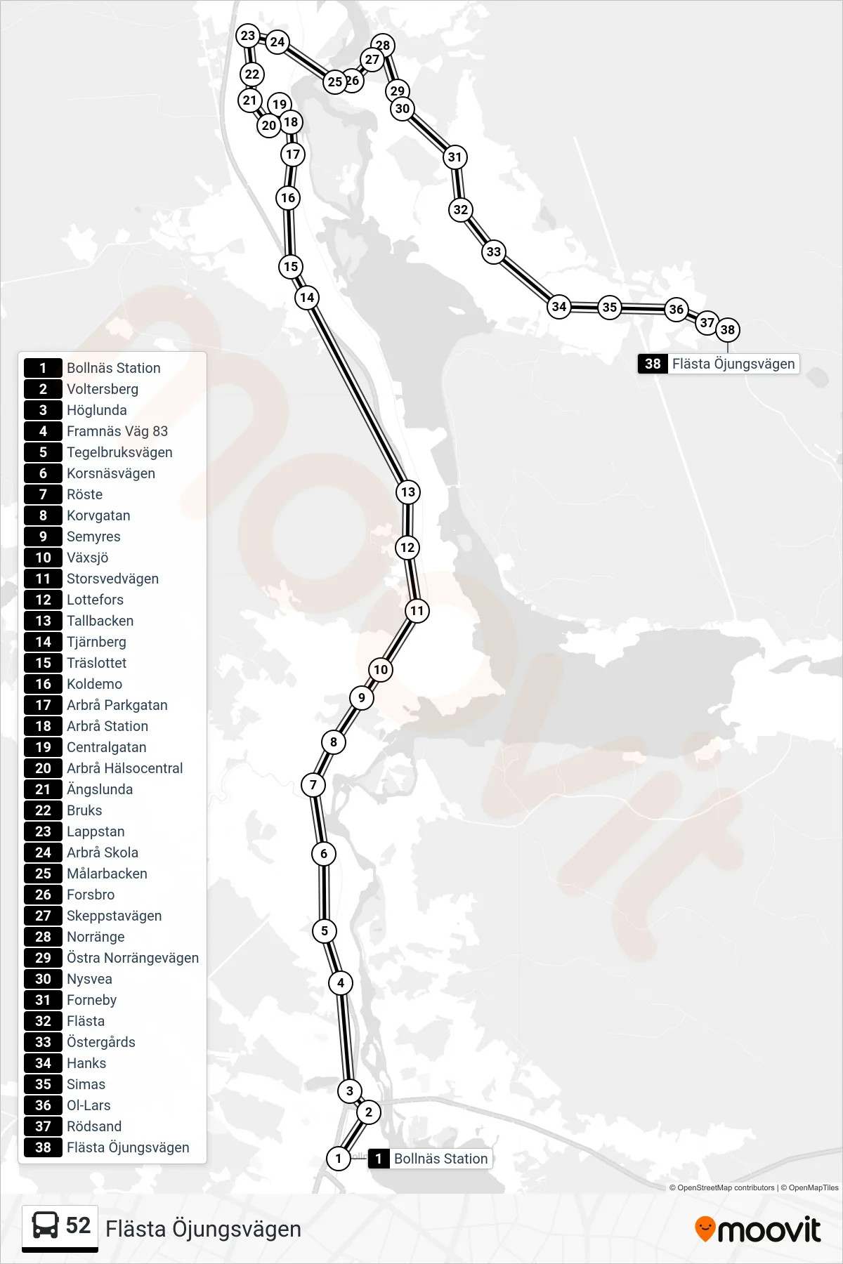Rutt och hållplatser på karta för linje 52 buss, (Flästa Öjungsvägen)