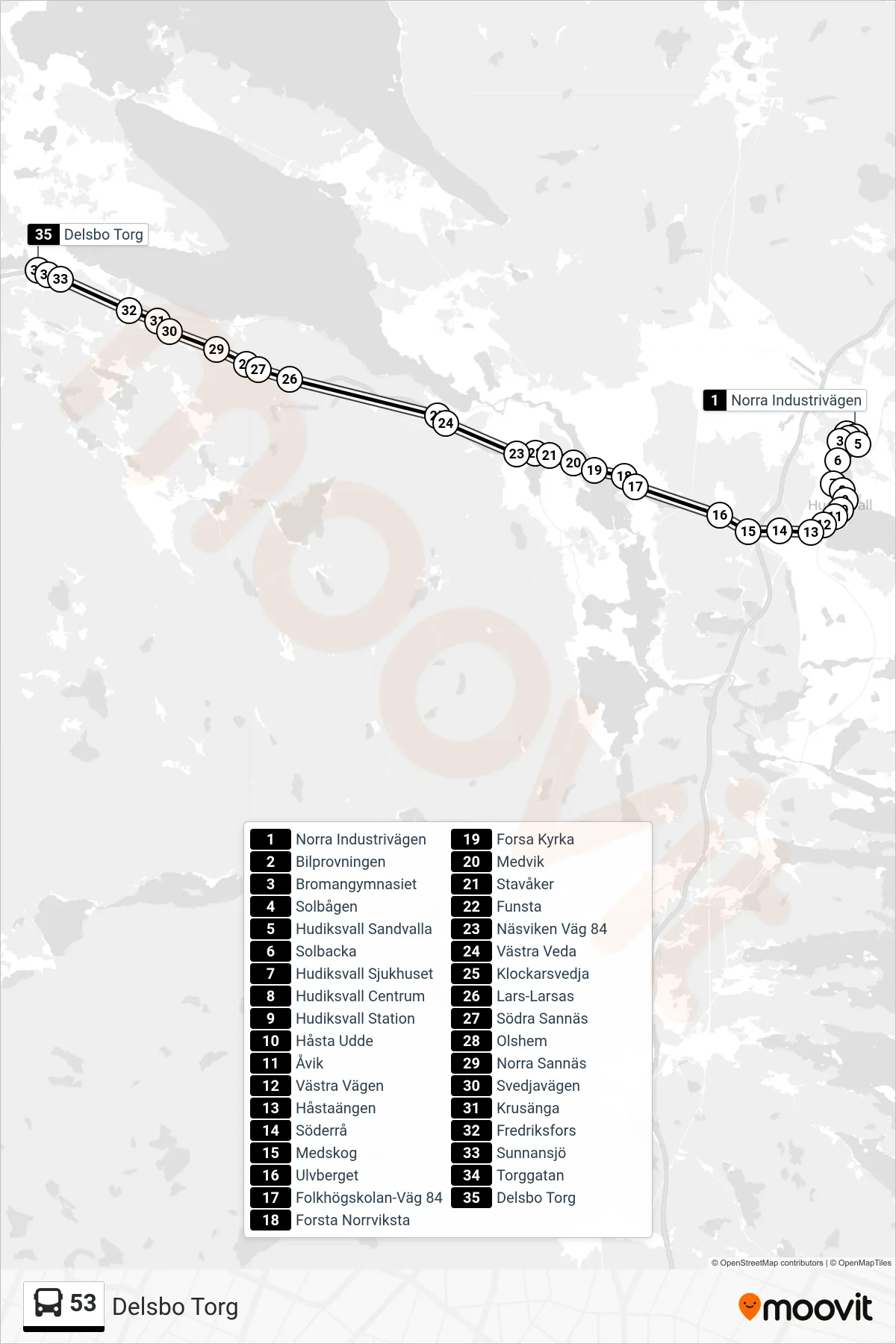 Rutt och hållplatser på karta för linje 53 buss, (Delsbo Torg)