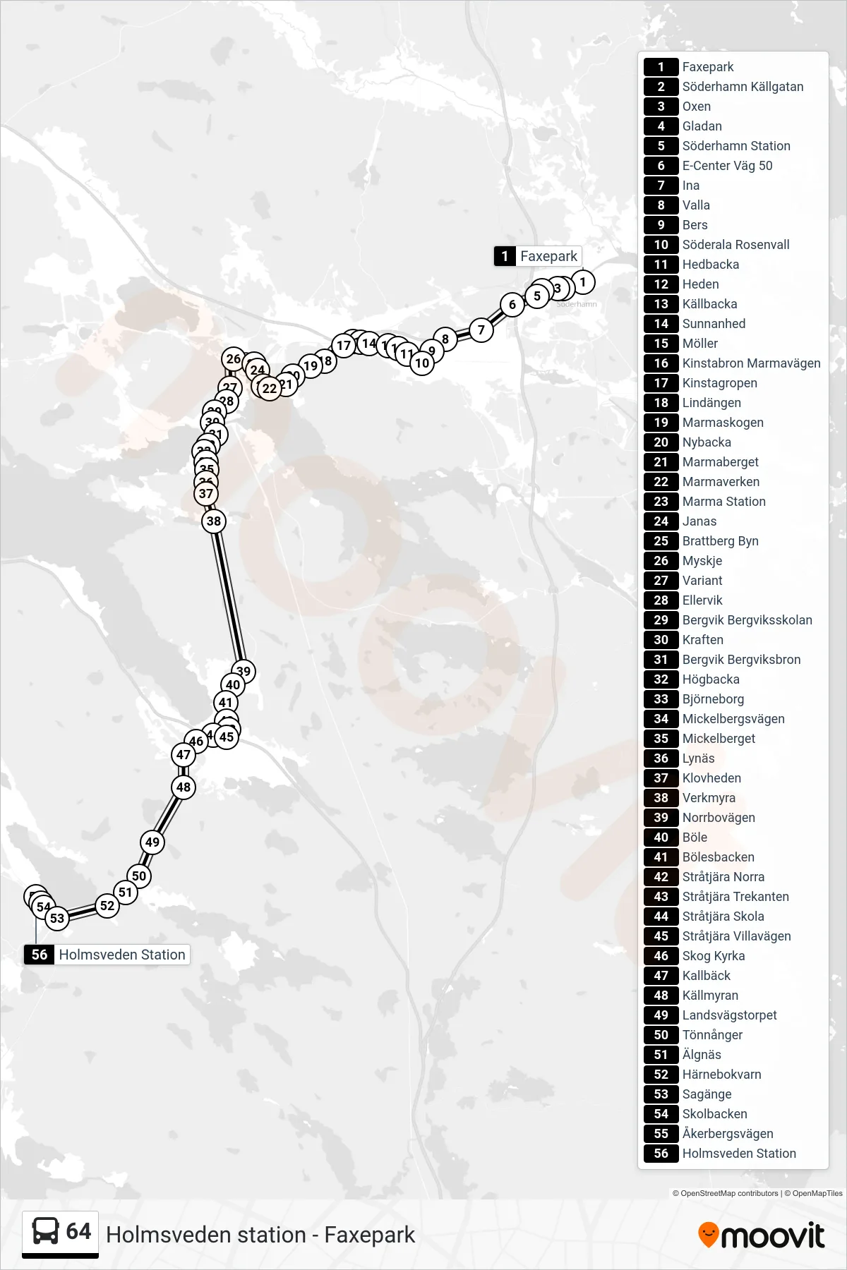 Rutt och hållplatser på karta för linje 64 buss, (Holmsveden Station)