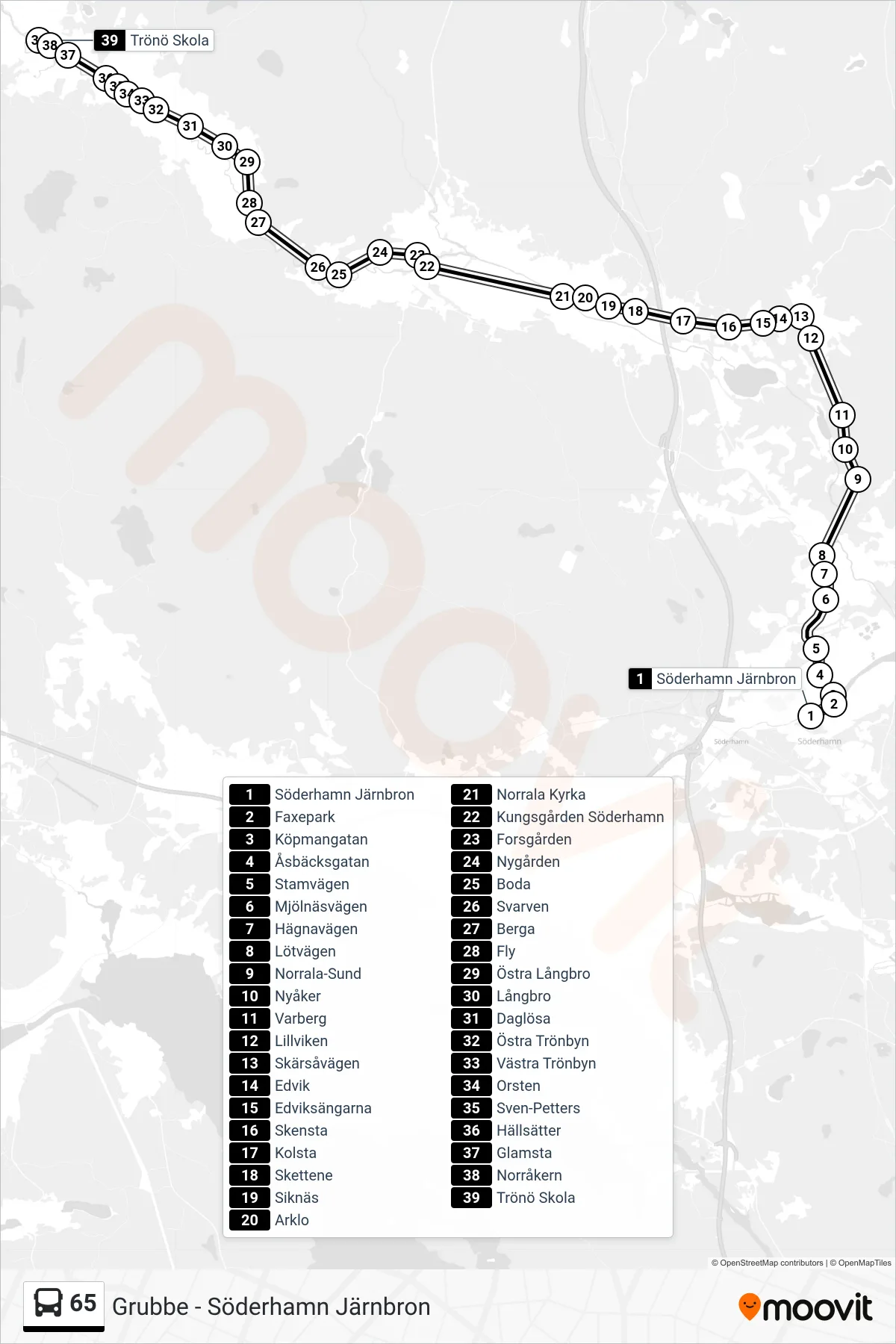 Rutt och hållplatser på karta för linje 65  buss, (Trönö Skola)