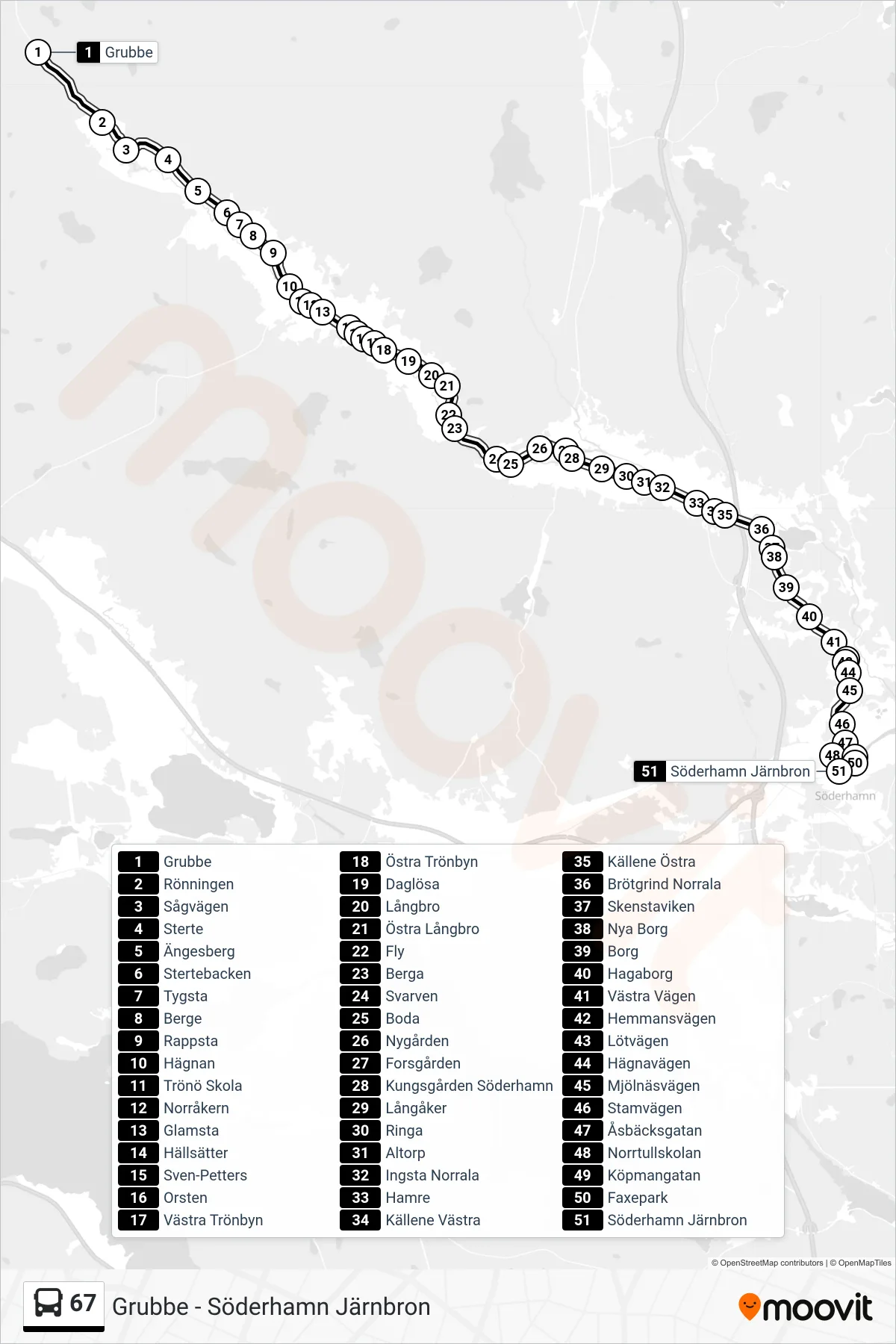 Rutt och hållplatser på karta för linje 67 buss, (Söderhamn Järnbron)