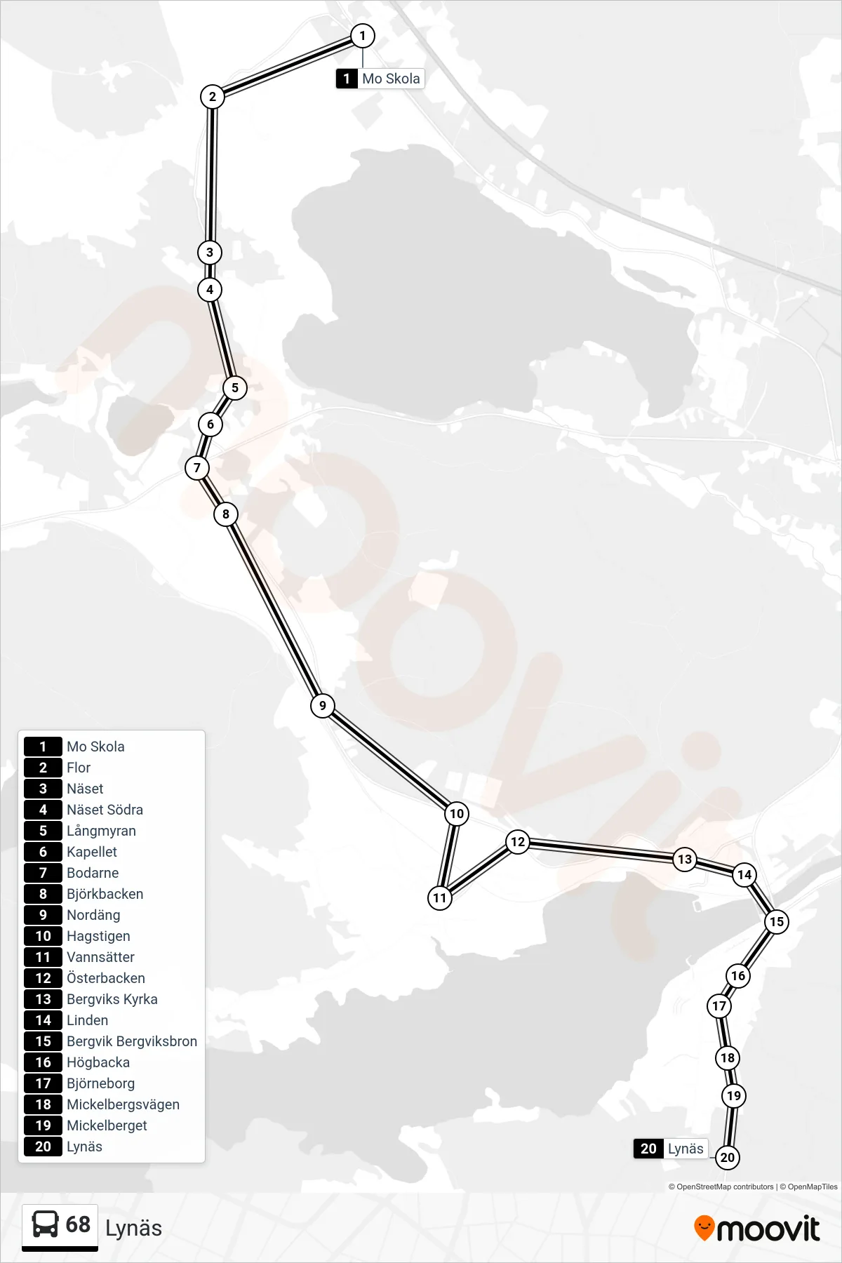 Rutt och hållplatser på karta för linje 68 buss, (Lynäs)