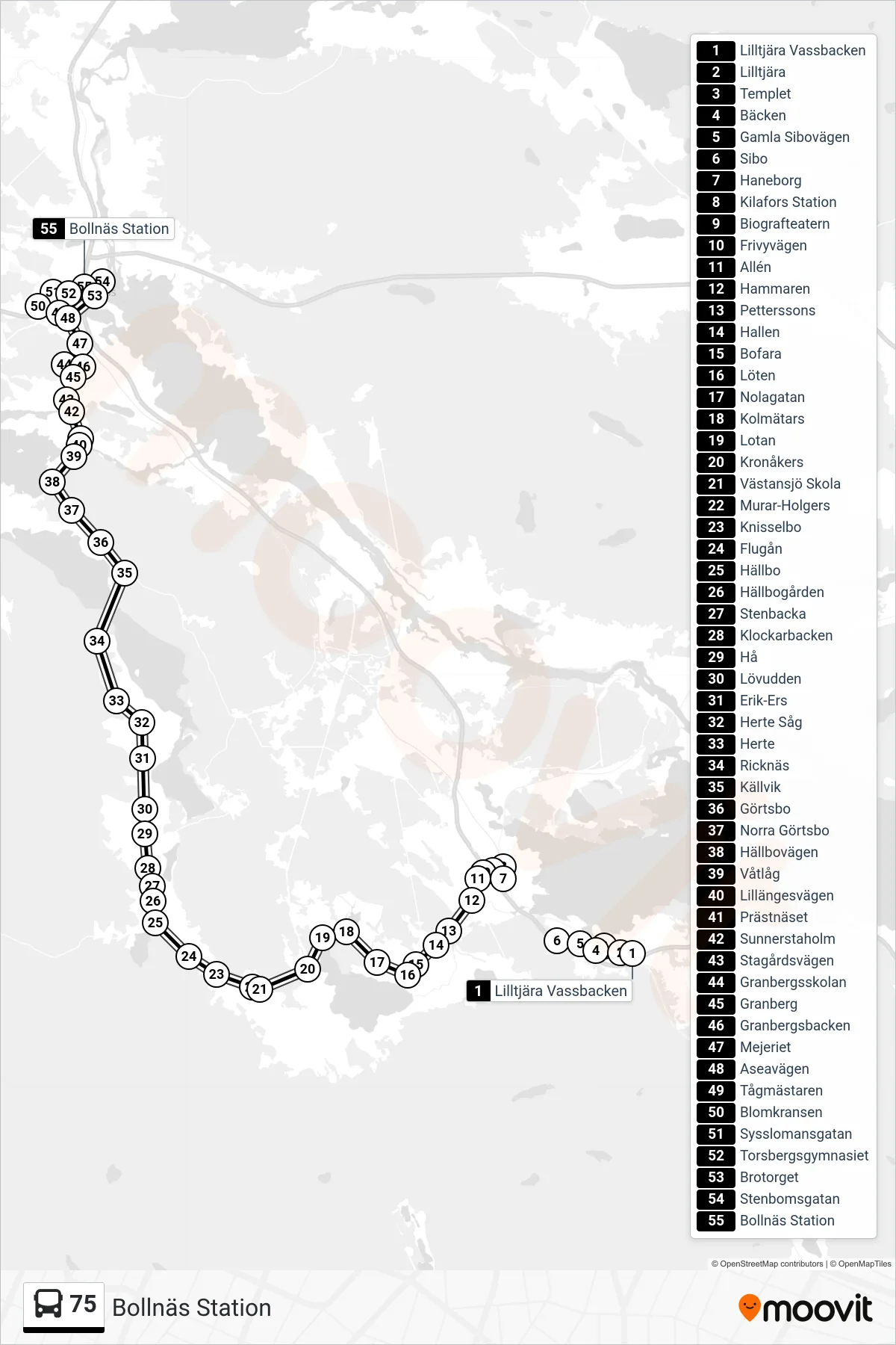 Rutt och hållplatser på karta för linje 75  buss, (Bollnäs Station)