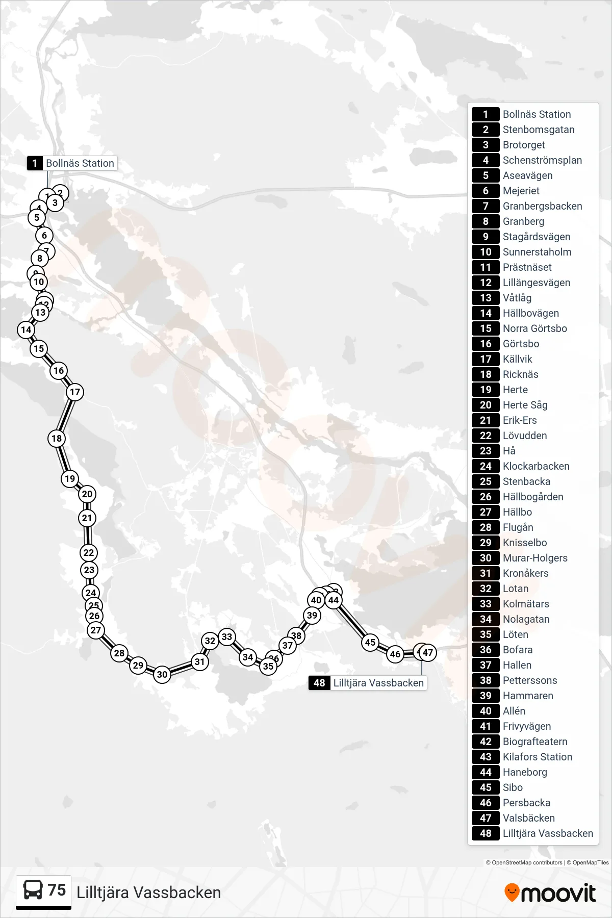 Rutt och hållplatser på karta för linje 75 buss, (Lilltjära Vassbacken)