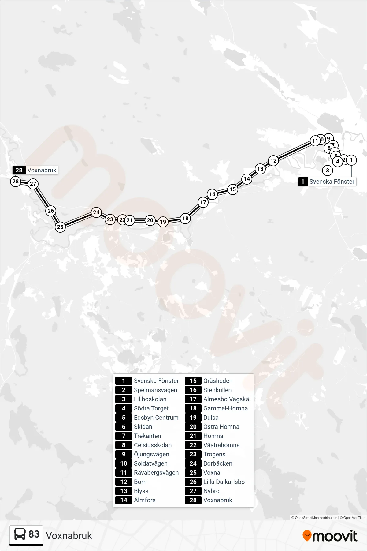 Rutt och hållplatser på karta för linje 83  buss, (Voxnabruk)