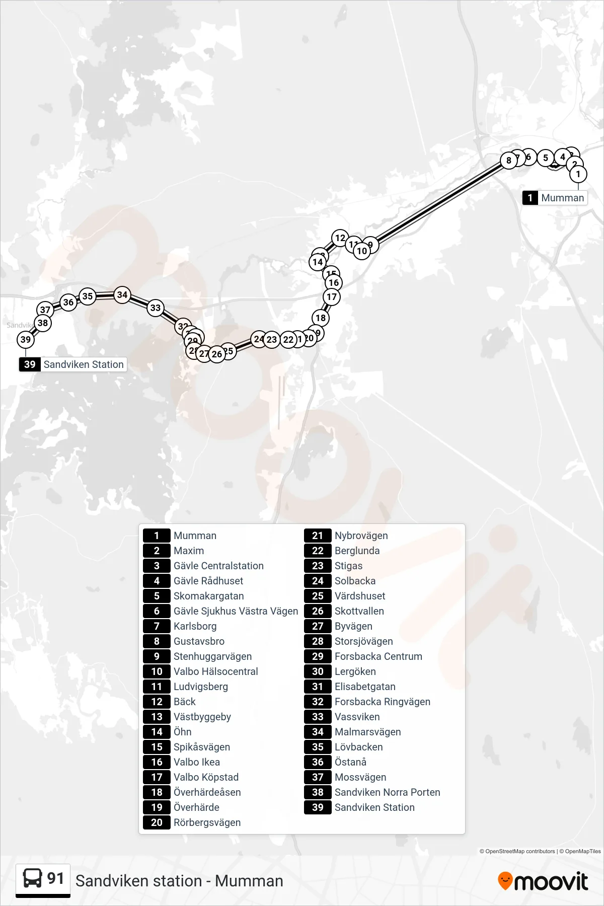 Rutt och hållplatser på karta för linje 91  buss, (Sandviken Station)