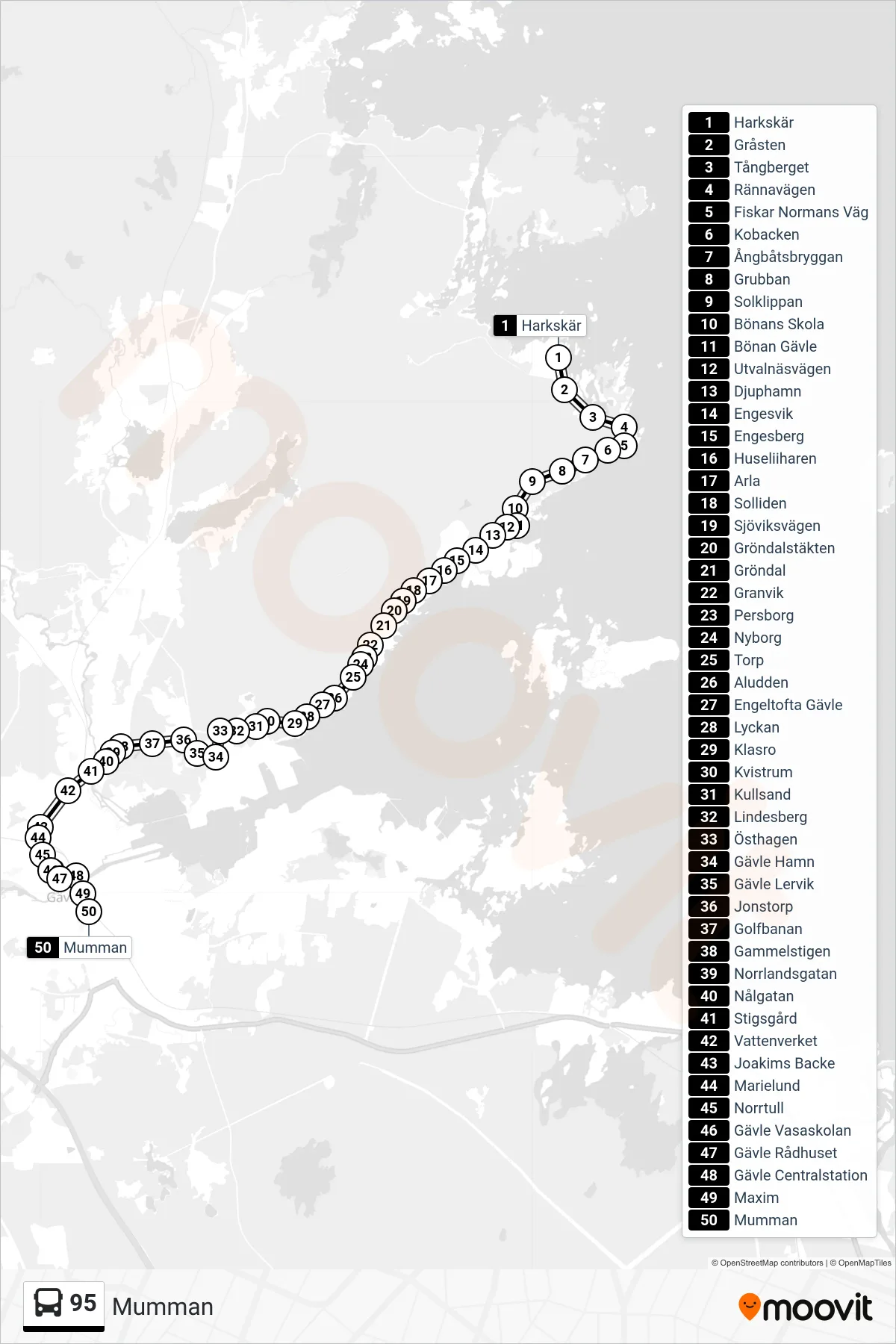 Rutt och hållplatser på karta för linje 95  buss, (Mumman)