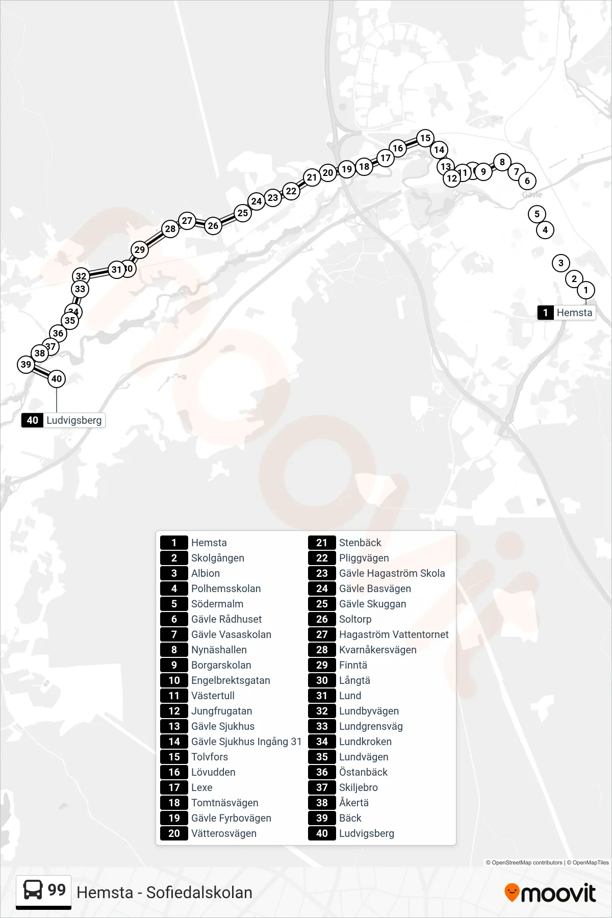 Rutt och hållplatser på karta för linje 99  buss, (Ludvigsberg)