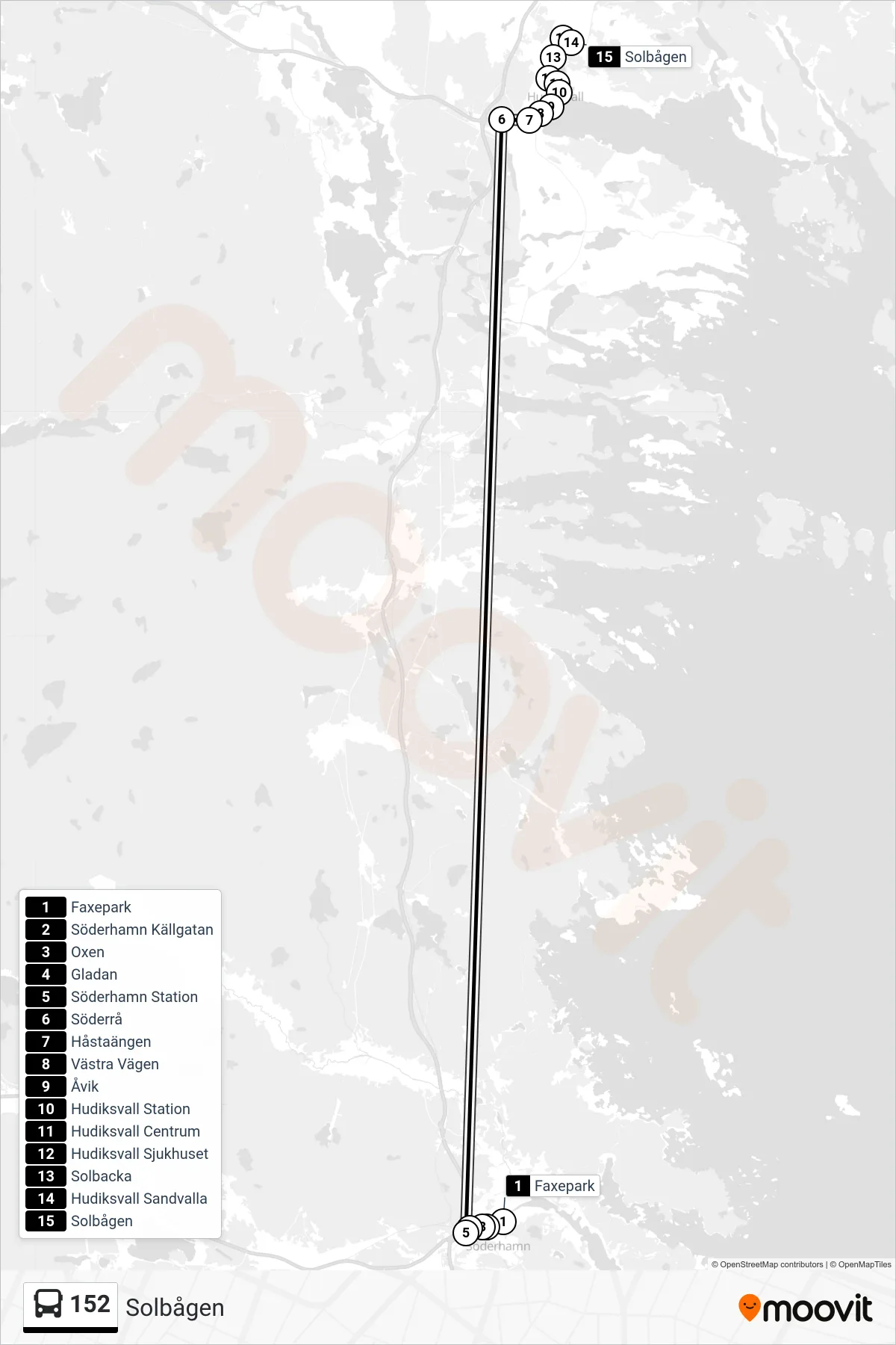 Rutt och hållplatser på karta för linje 152 buss, (Solbågen)