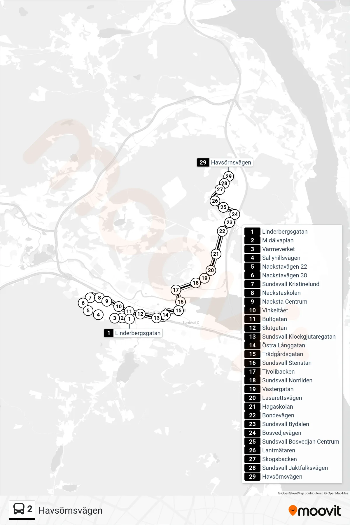 Rutt och hållplatser på karta för linje 2 spårvagn, (Havsörnsvägen)