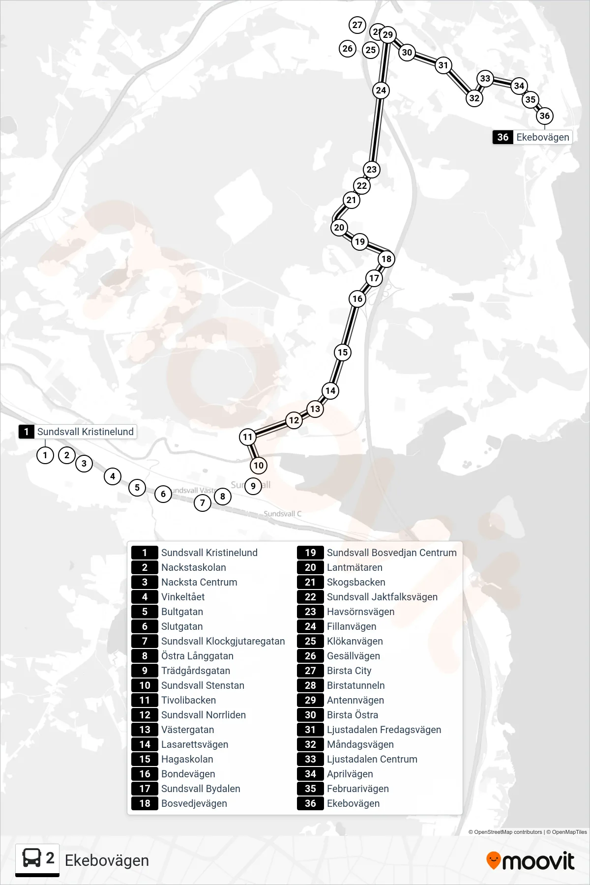 Rutt och hållplatser på karta för linje 2  spårvagn, (Ekebovägen)