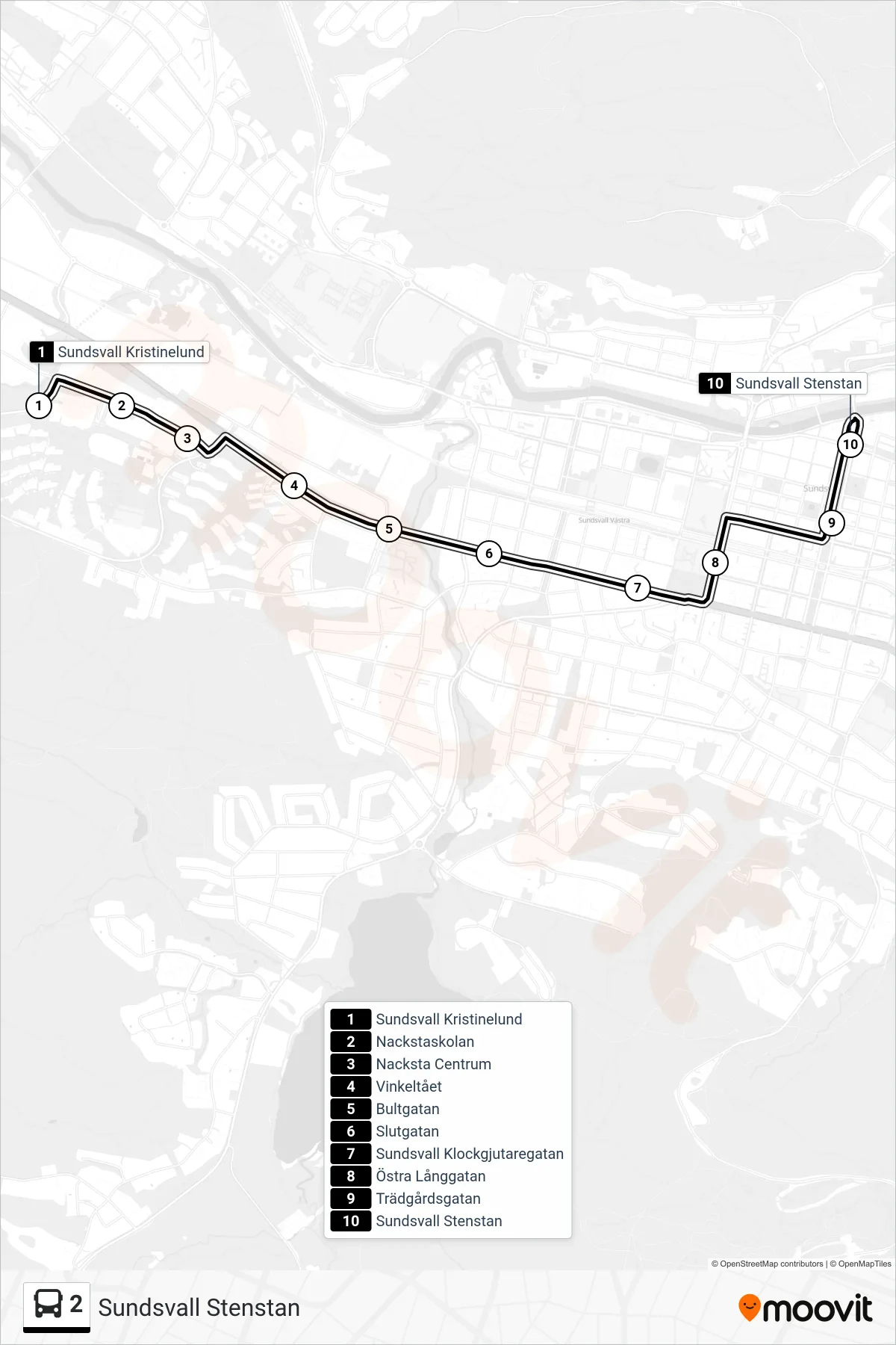 Rutt och hållplatser på karta för linje 2  spårvagn, (Sundsvall Stenstan)