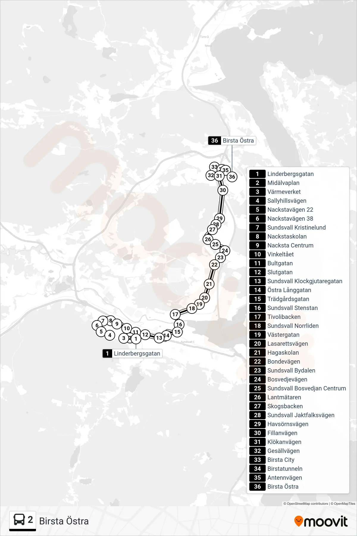 Rutt och hållplatser på karta för linje 2  spårvagn, (Birsta Östra)