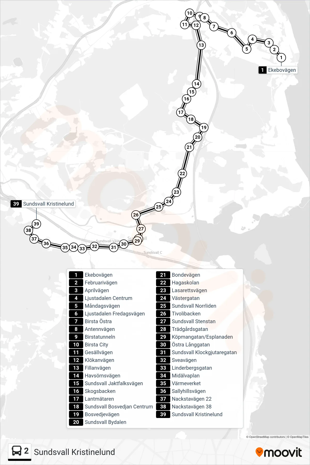 Rutt och hållplatser på karta för linje 2 spårvagn, (Sundsvall Kristinelund)