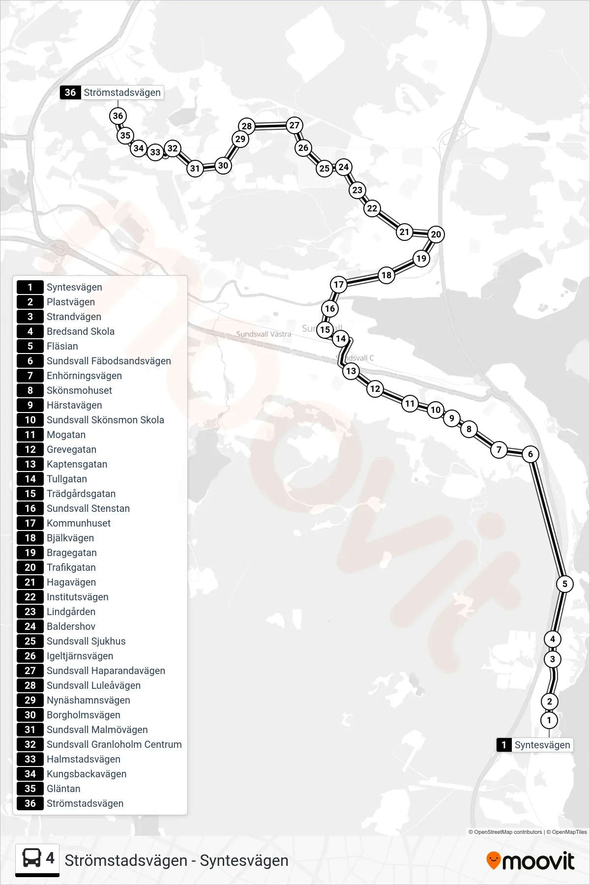 Rutt och hållplatser på karta för linje 4 spårvagn, (Strömstadsvägen)